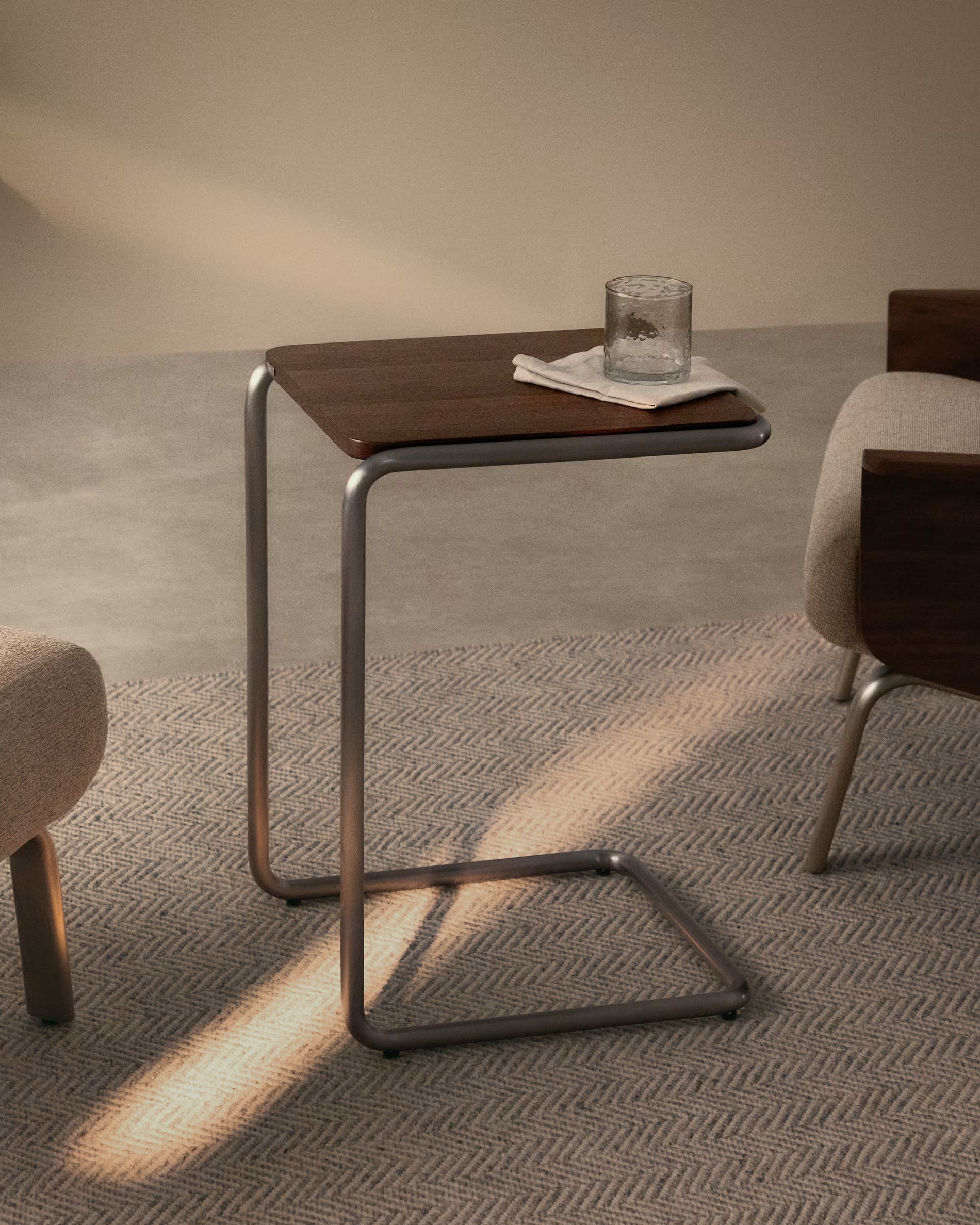 TARSEL dark brown side table with walnut veneer and steel base