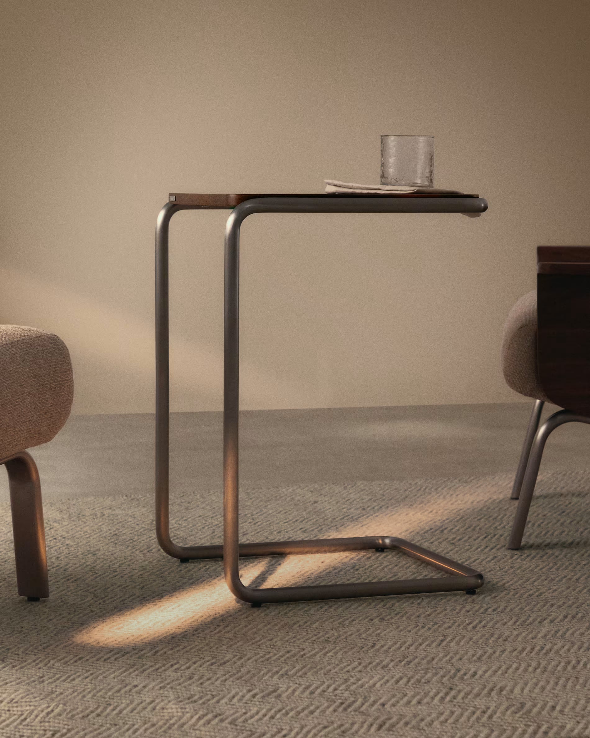 TARSEL dark brown side table with walnut veneer and steel base