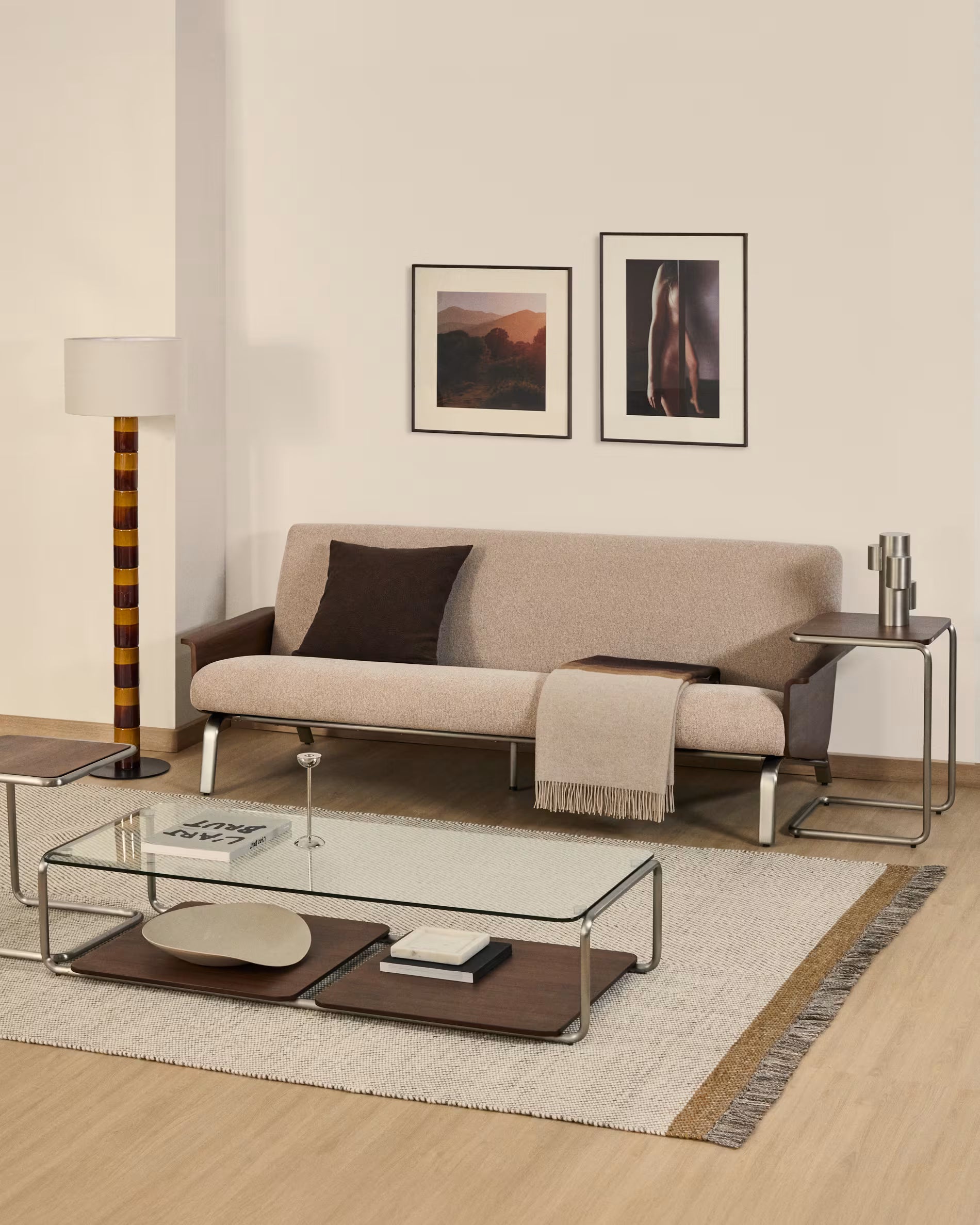 3-seater Sofa AMSEN light brown with walnut plywood and steel base