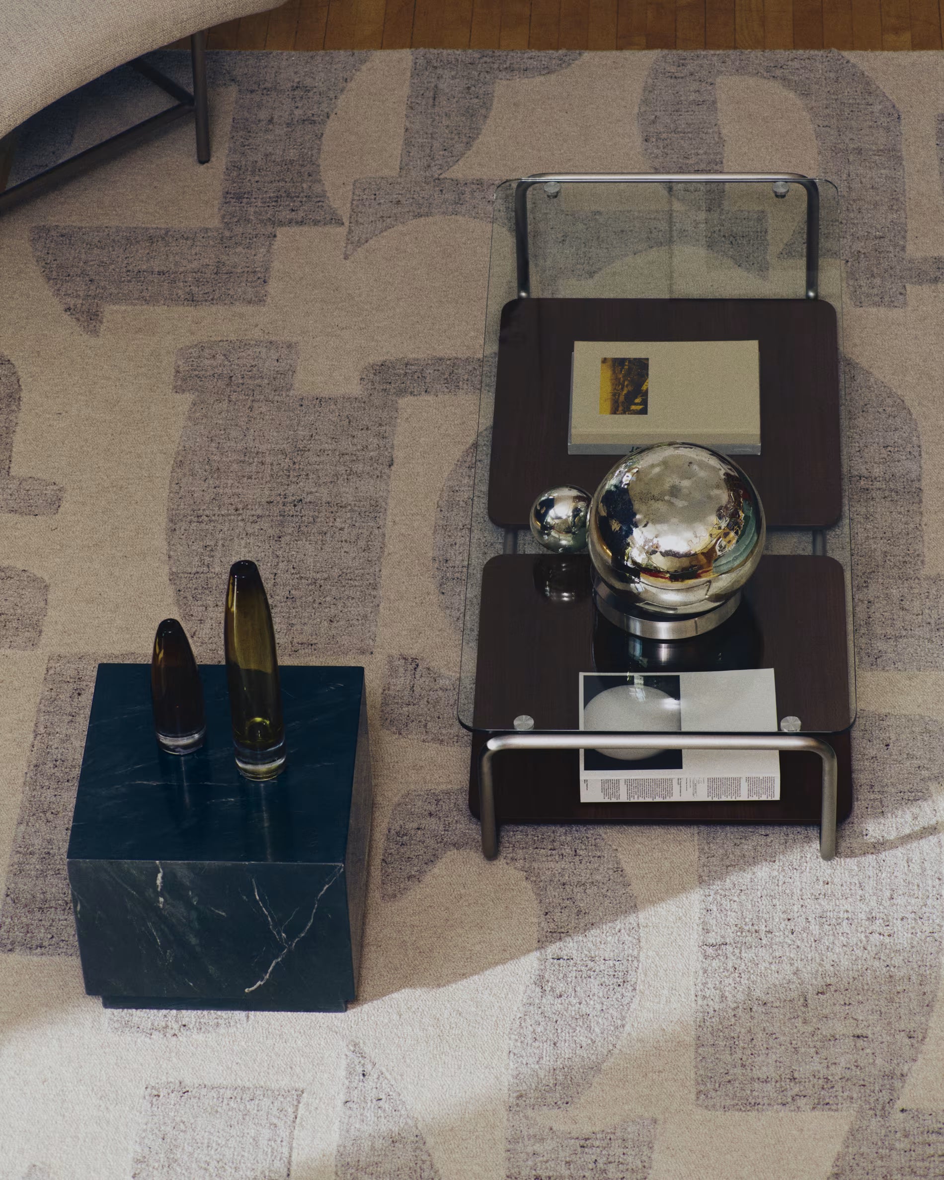 TARSEL dark brown coffee table with walnut veneer and steel base