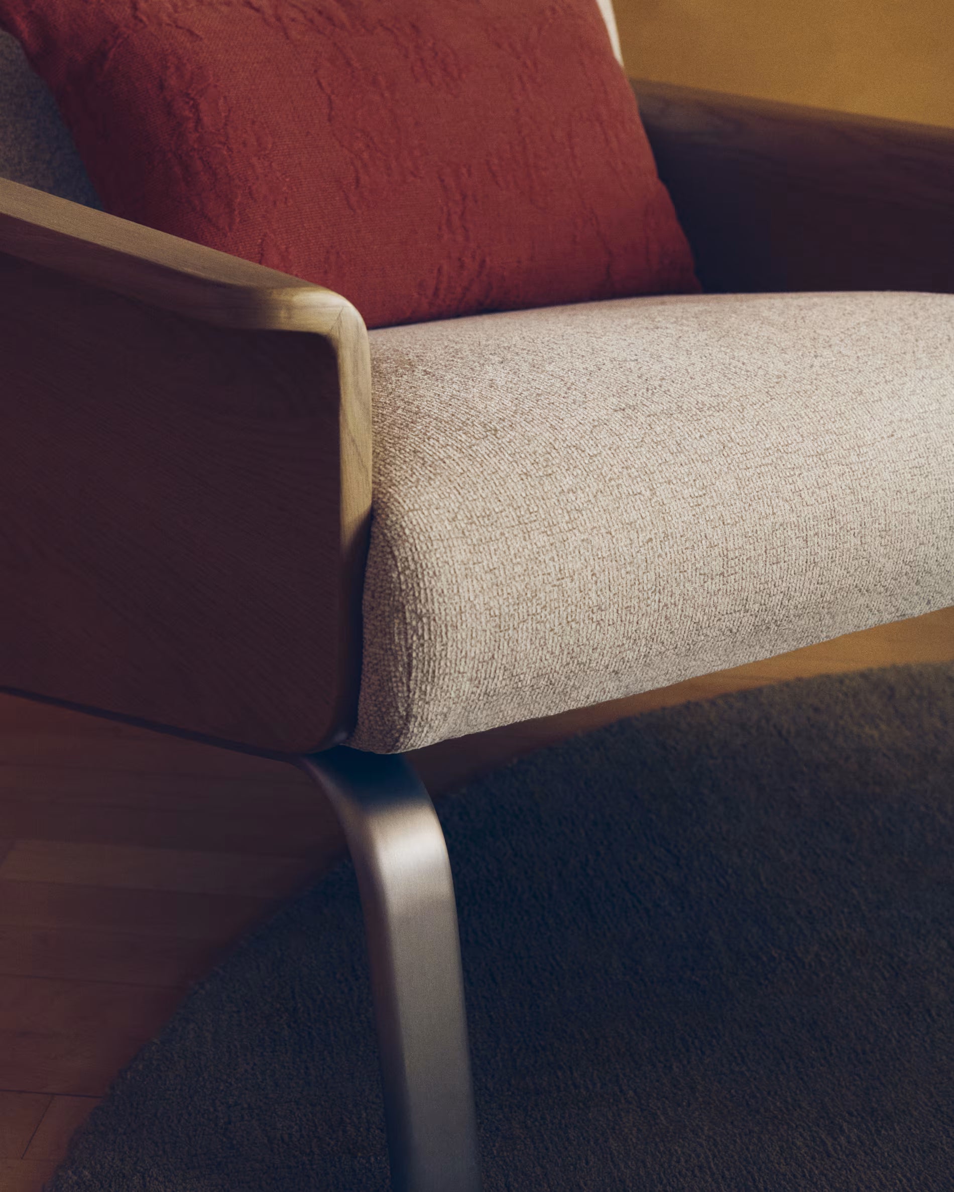 Beige AMSEN armchair with oak plywood and steel base