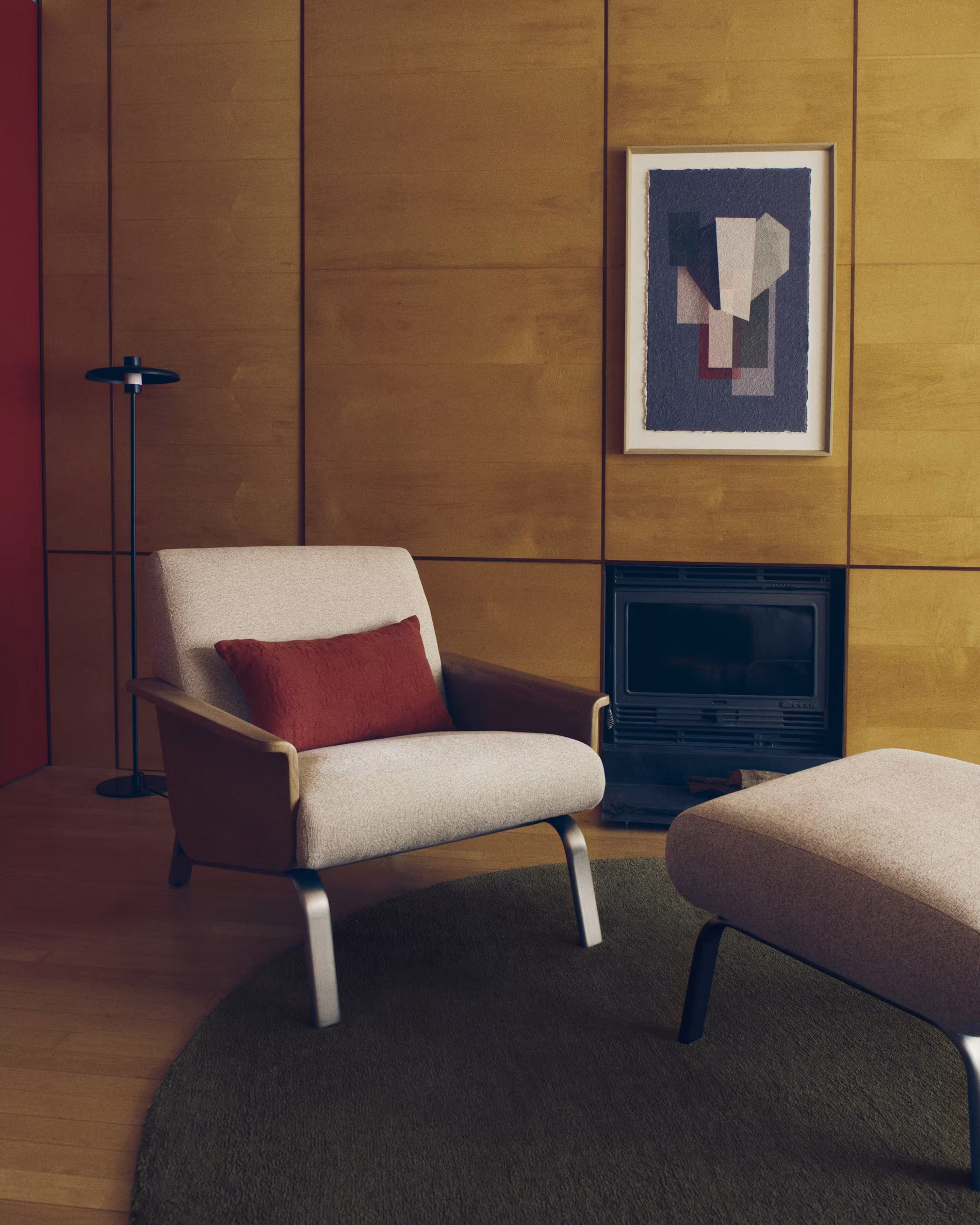 Beige AMSEN armchair with oak plywood and steel base