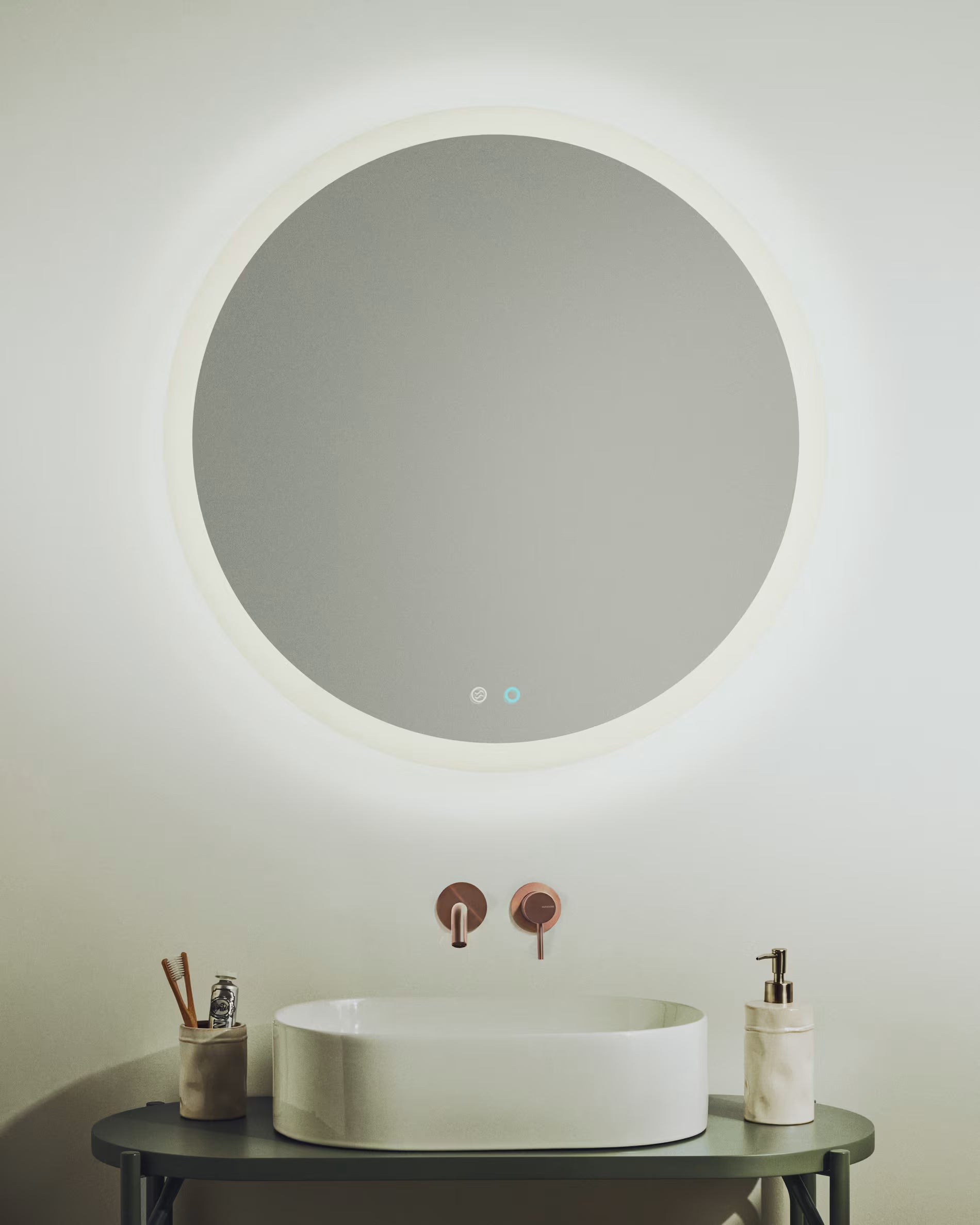 MERVI white illuminated round bathroom mirror
