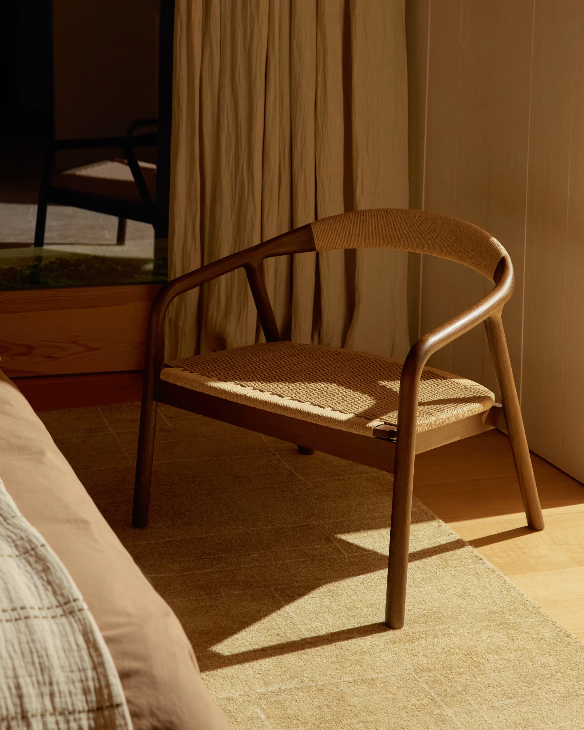 DERILE Armchair in Beige with Dark Wooden Base