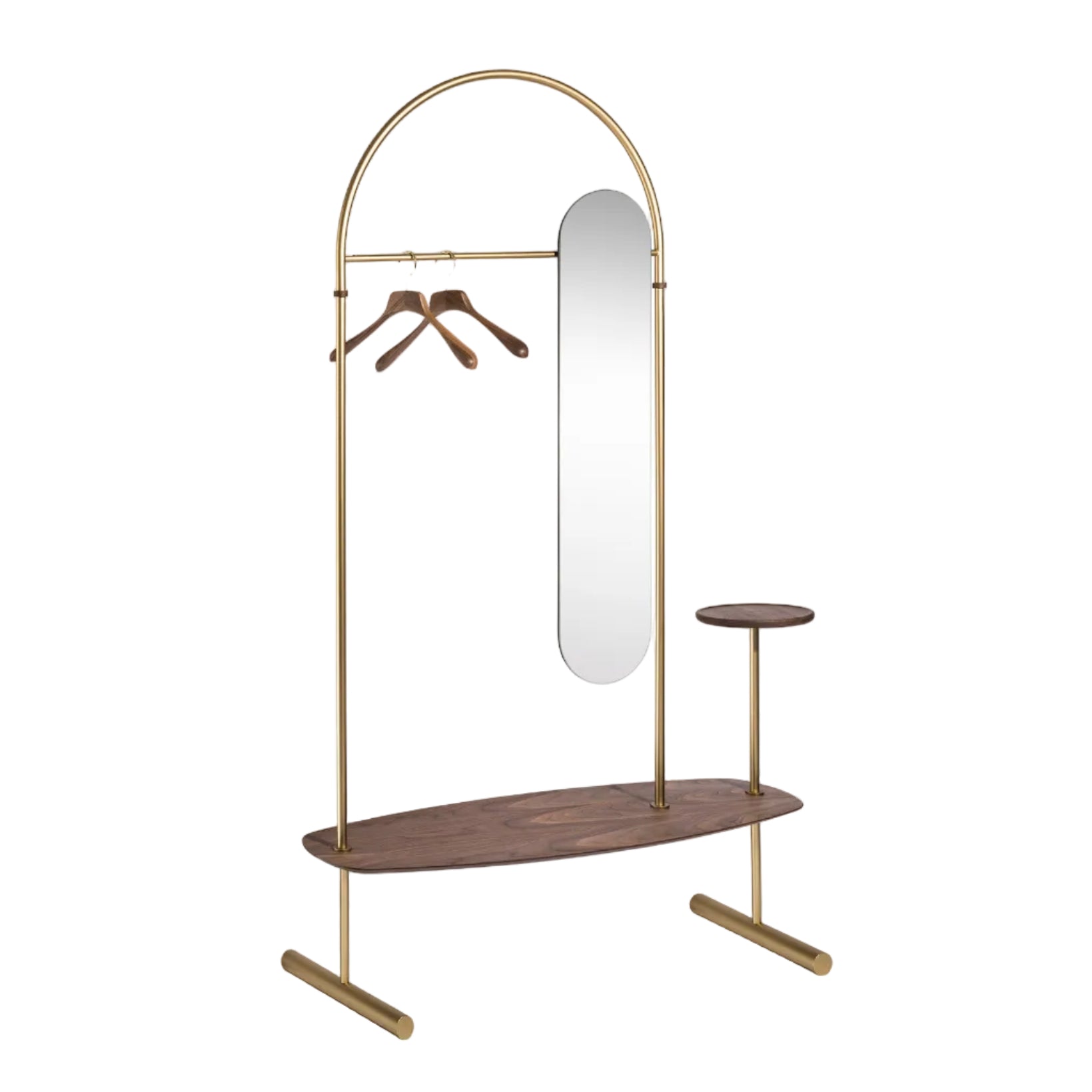 ARCO Coat Rack with Mirror, Walnut Wood with Brass Finish