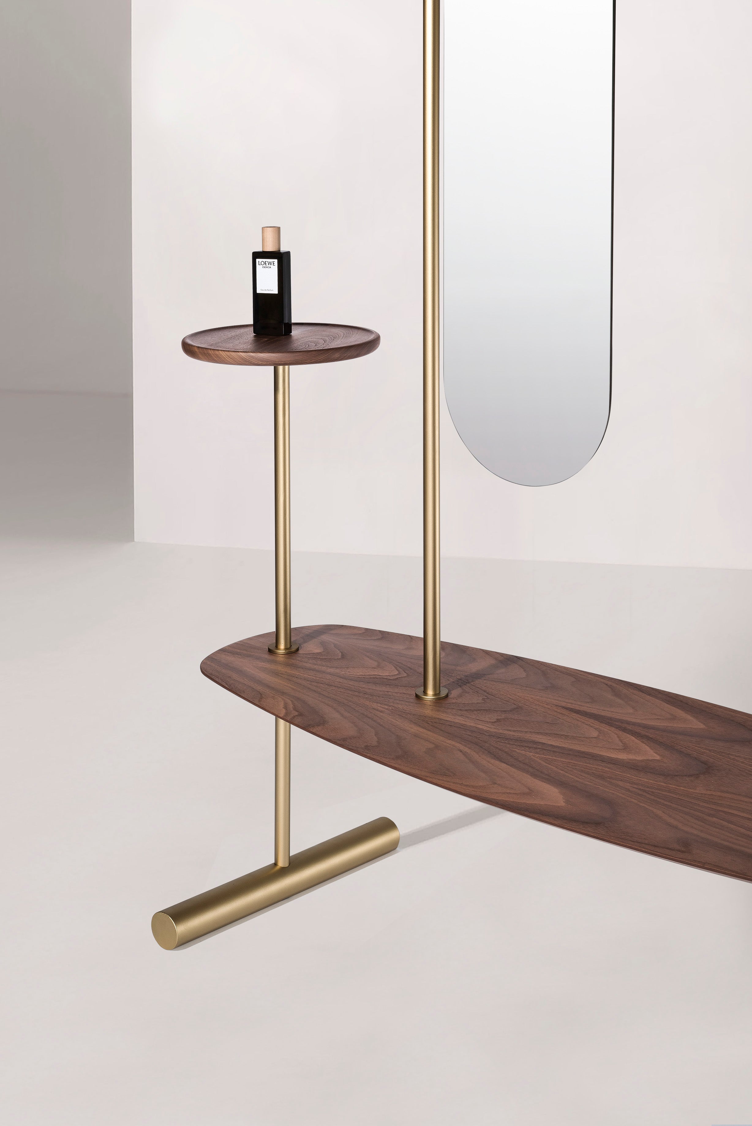 ARCO Coat Rack with Mirror, Walnut Wood with Brass Finish