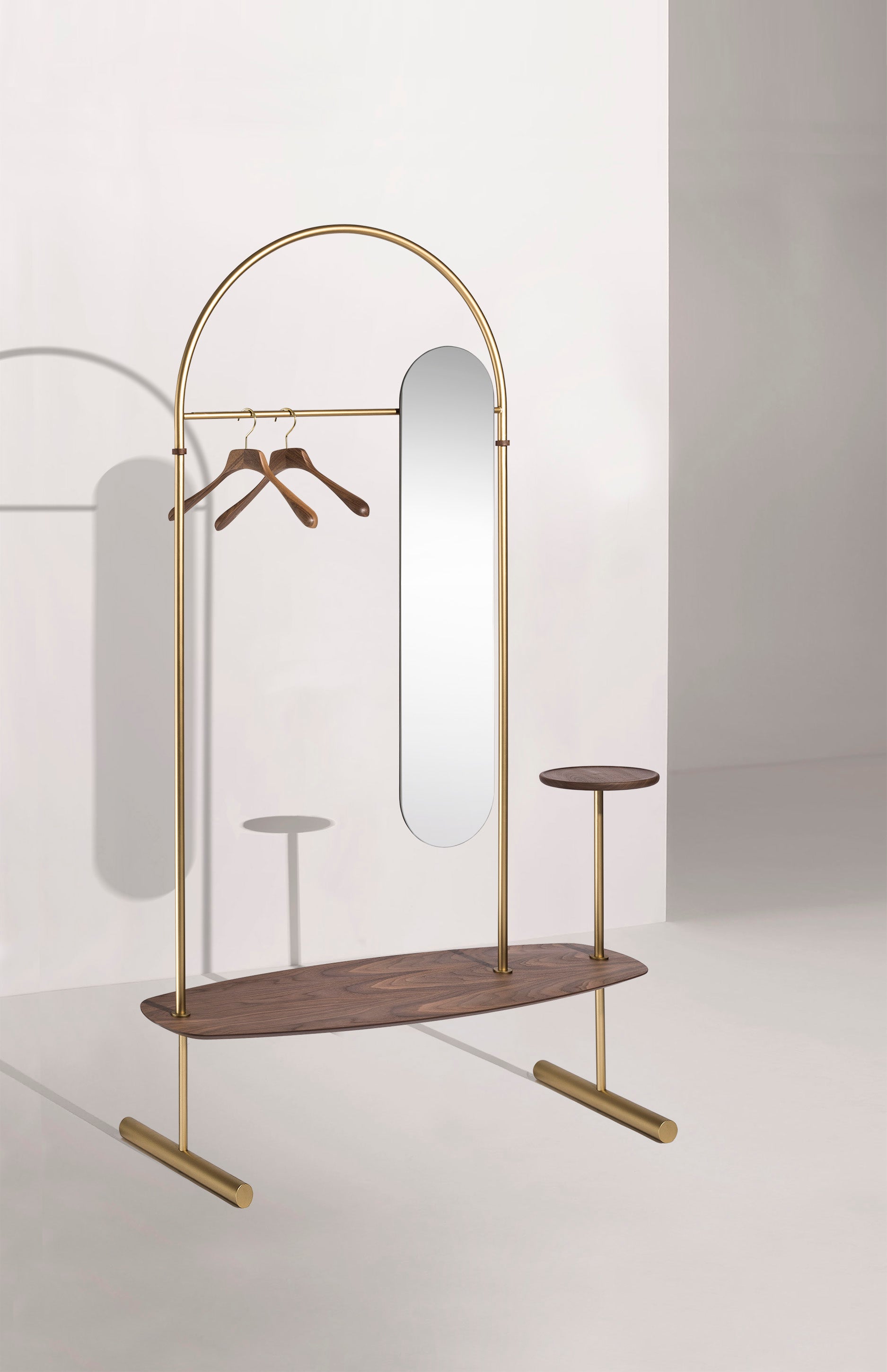 ARCO Coat Rack with Mirror, Walnut Wood with Brass Finish
