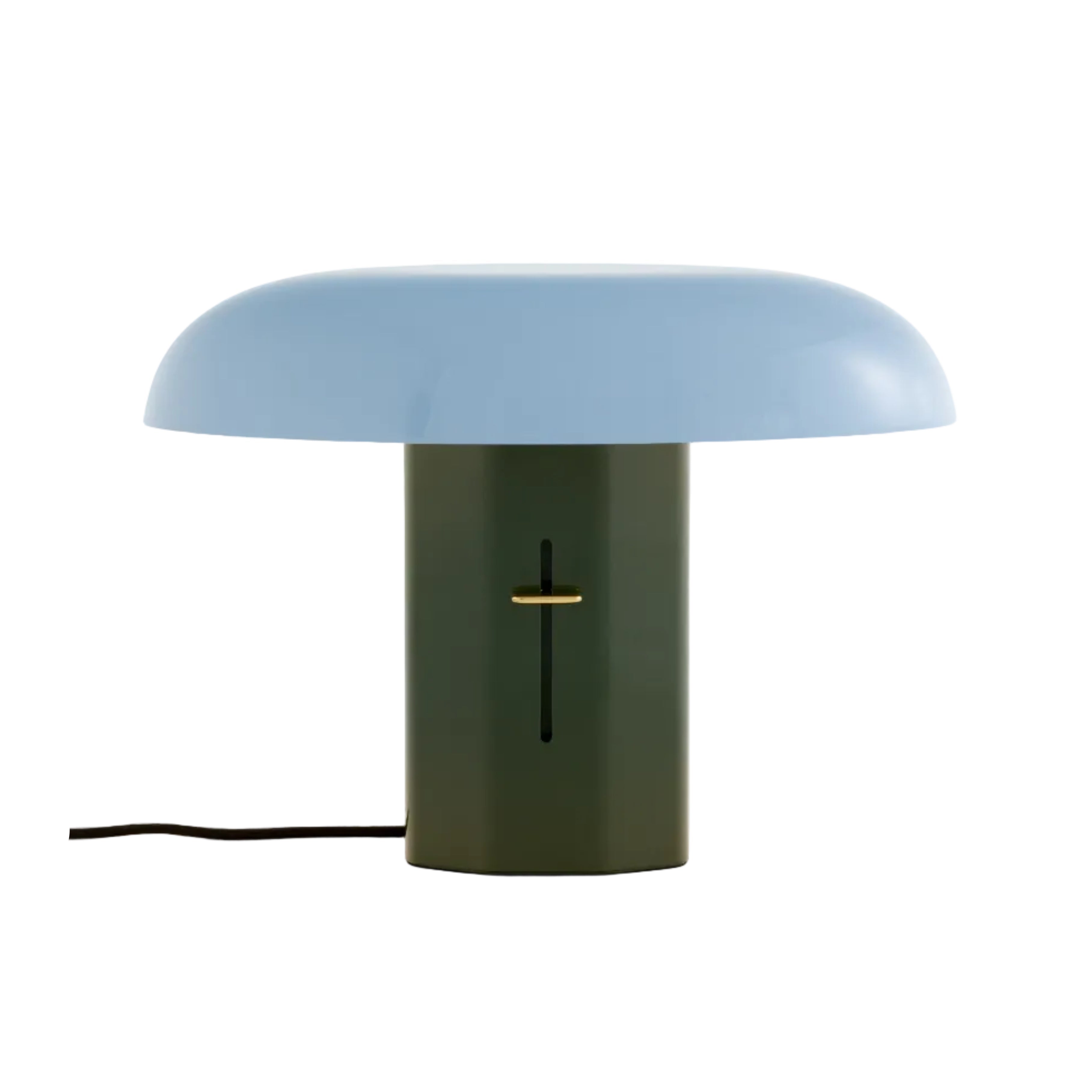 Stolná lampa MONTERA JH42 s modrým tienidlo a tmavozeleným podstavcom.