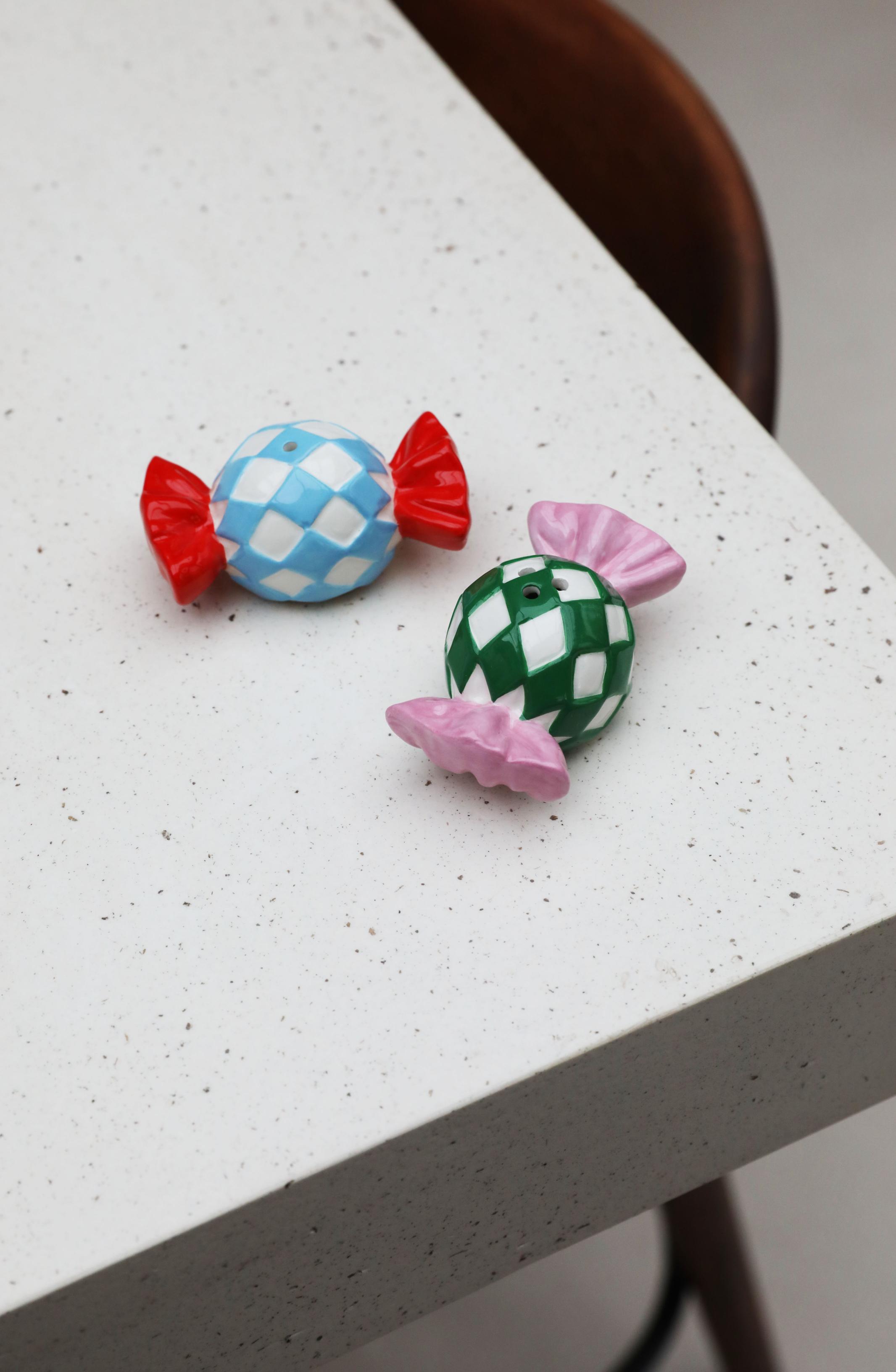 Candy Check Salt and Pepper Shakers Colorful Porcelain