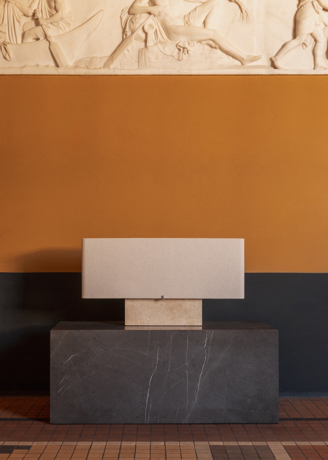 NONNA table lamp with travertine base and linen shade