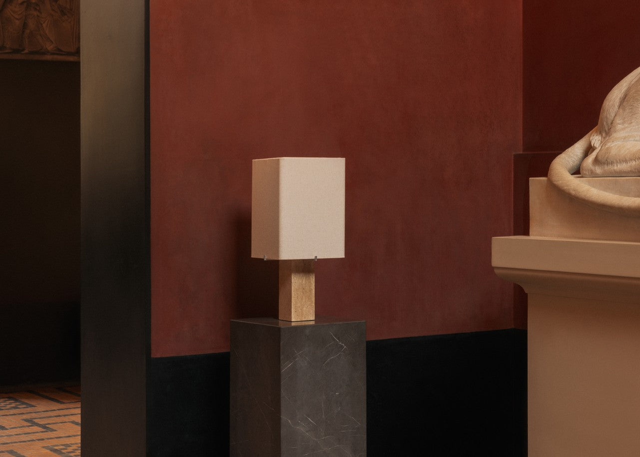 NONNA table lamp with travertine base and linen shade