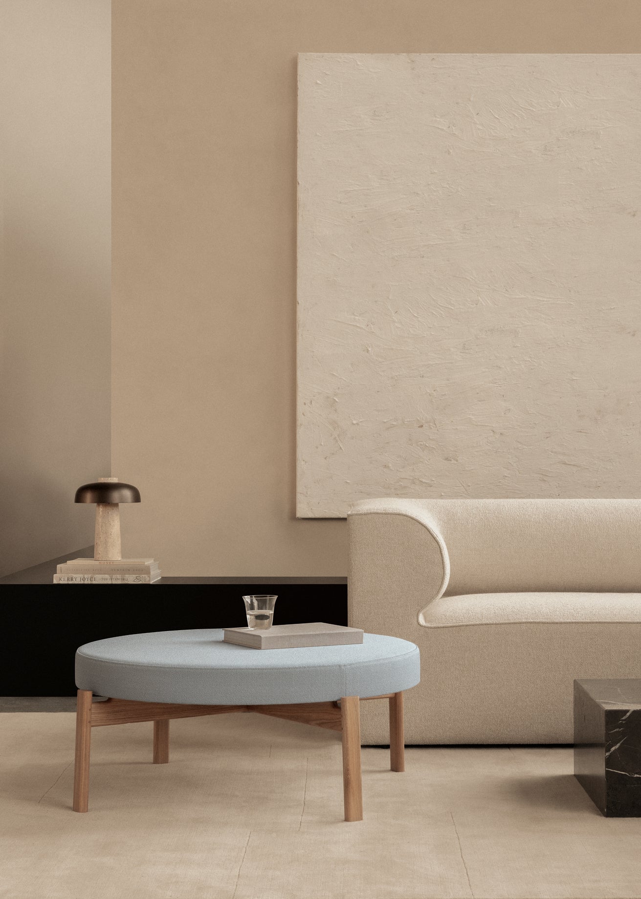 PASSAGE blue pouf with oak base