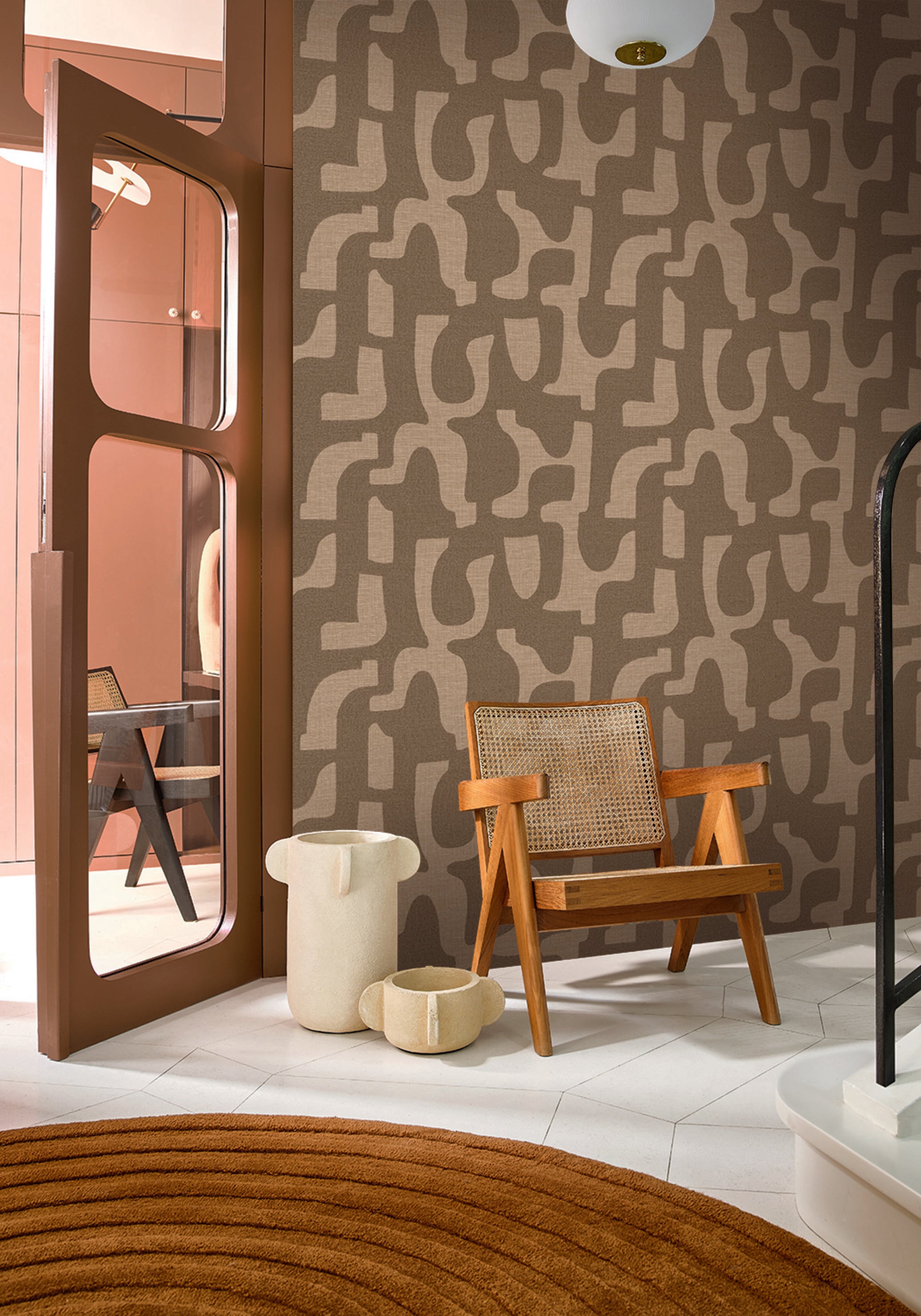 Structural wallpaper imitating fabric in abstract organic shapes SERAN - TRAVERTINE brown