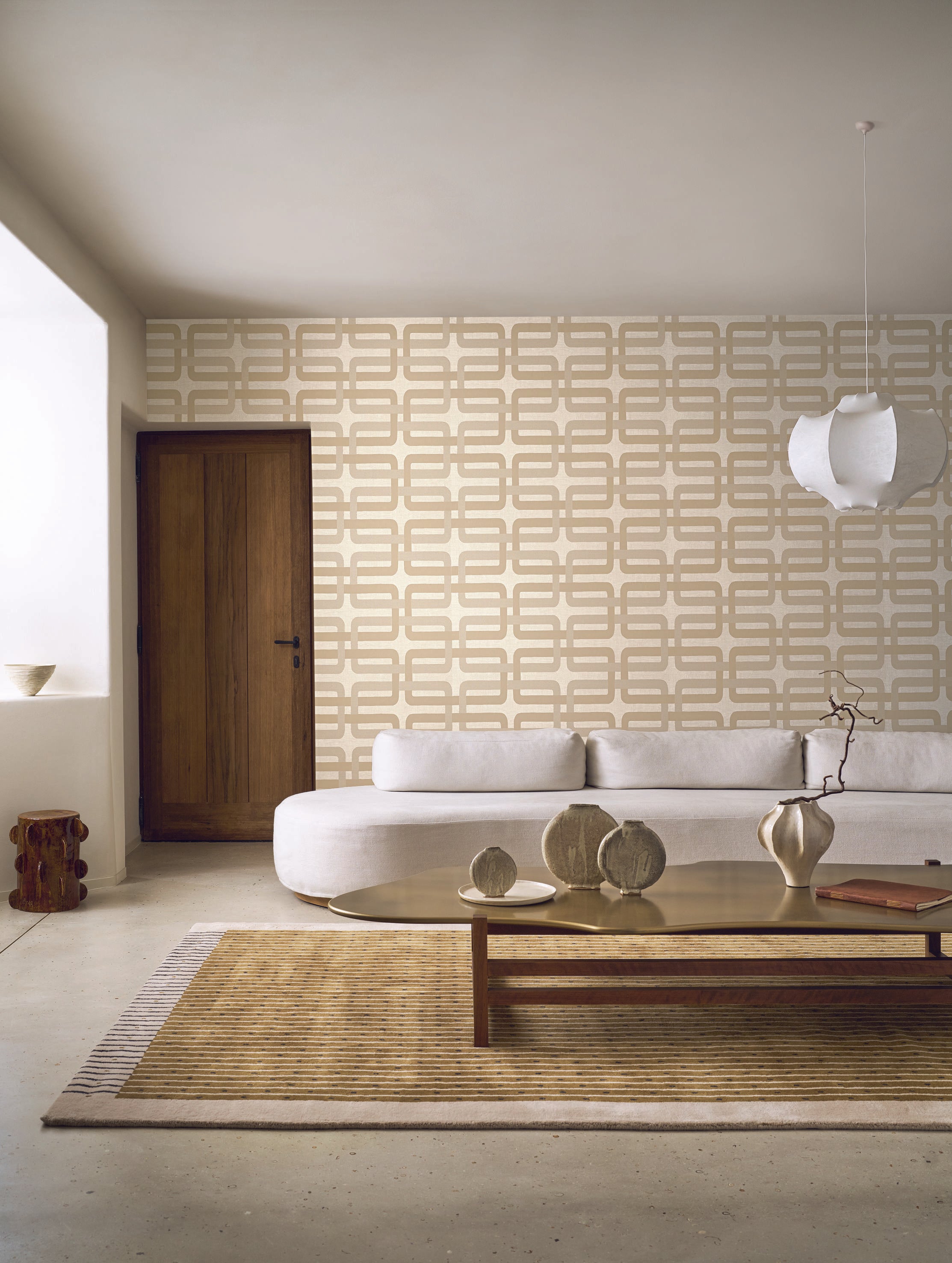 Structural wallpaper with geometric pattern MATJARA - TERRACOTTA/CUIVRÉ burgundy