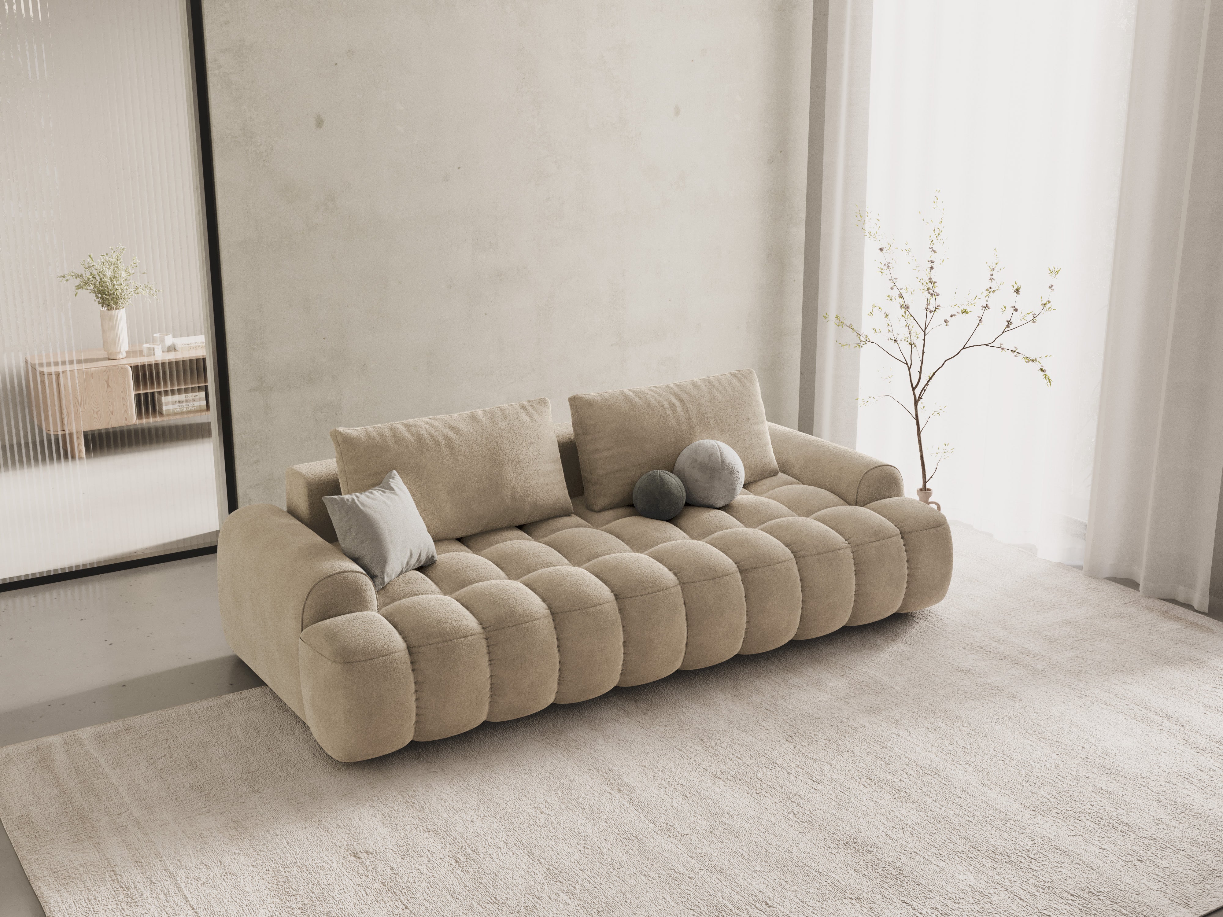 Velvet sofa with sleeping function for 4 people LINZ light beige