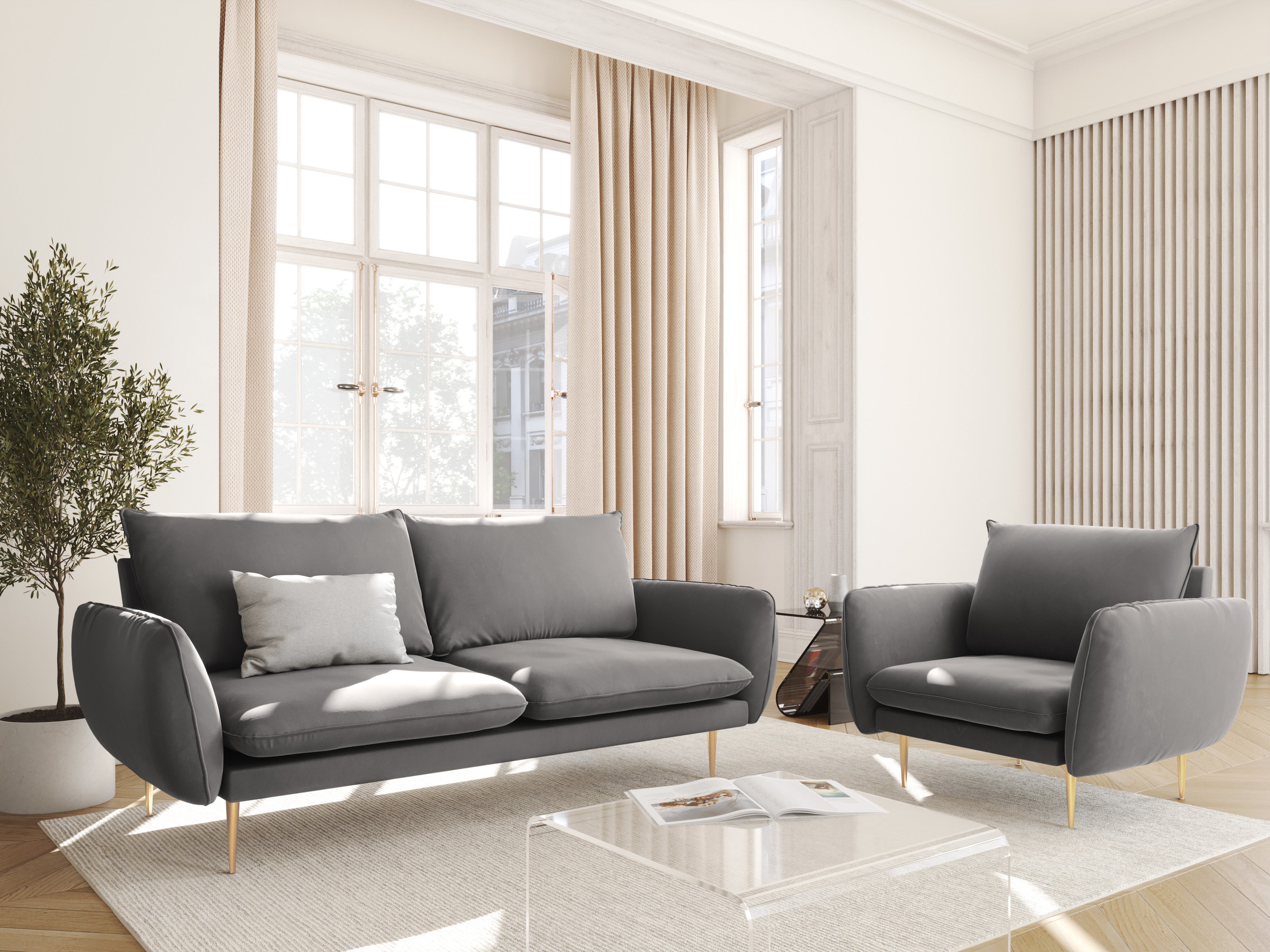Velvet 2-seater Sofa VIENNA light gray with gold base