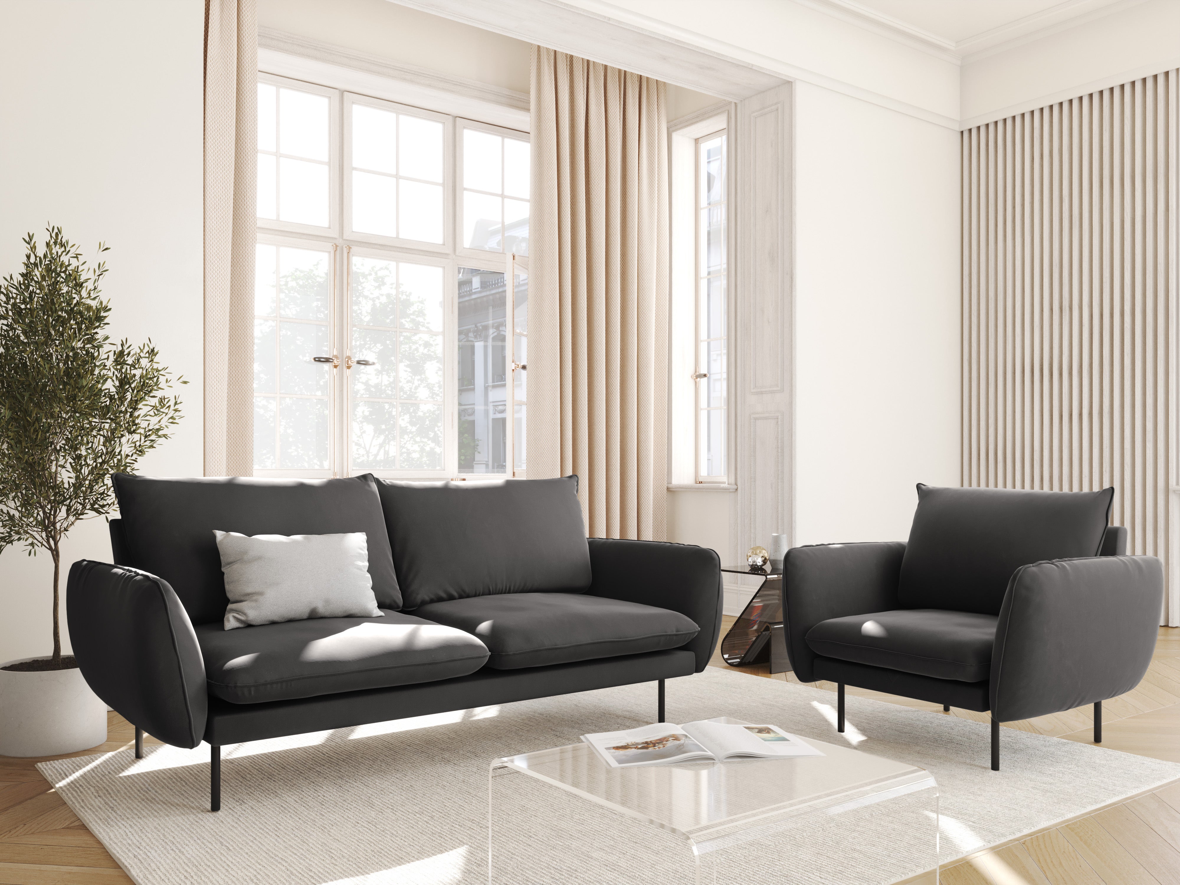 Velvet sofa for 2 VIENNA dark gray with black base