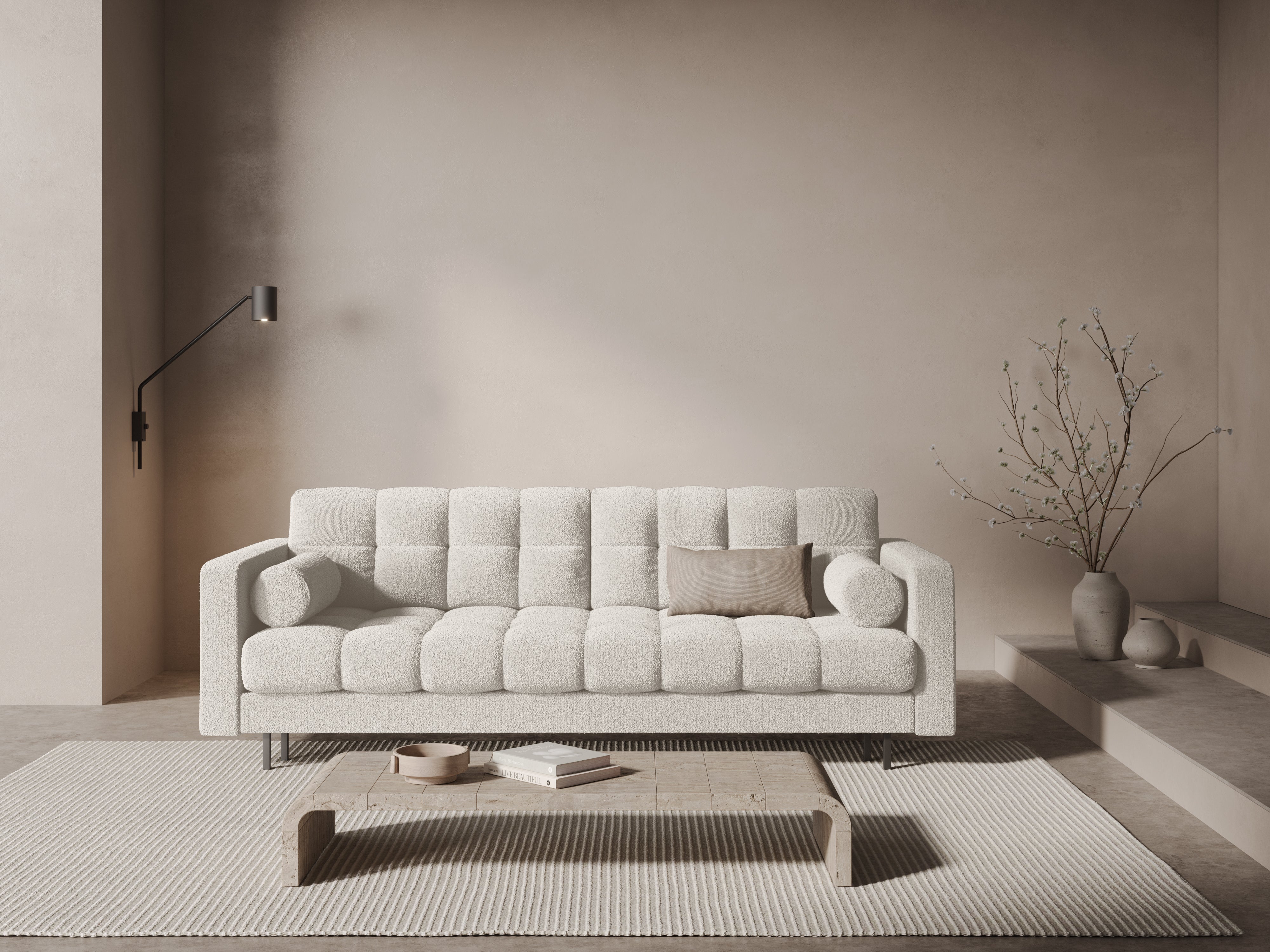 Sofa pre 3 osoby s funkciou spania BALI biela bouclé s čiernym podstavcom
