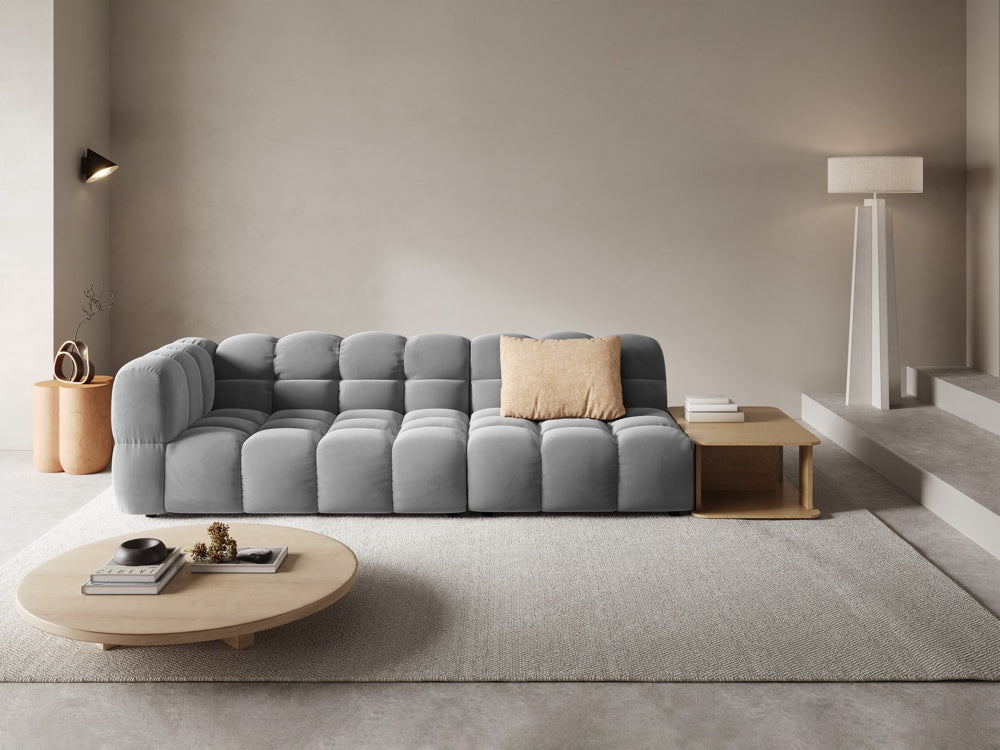 Sofa aksamitna prawostronna 4-osobowa otwarta ze stolikiem SKY jasnoszary – Cosmopolitan Design