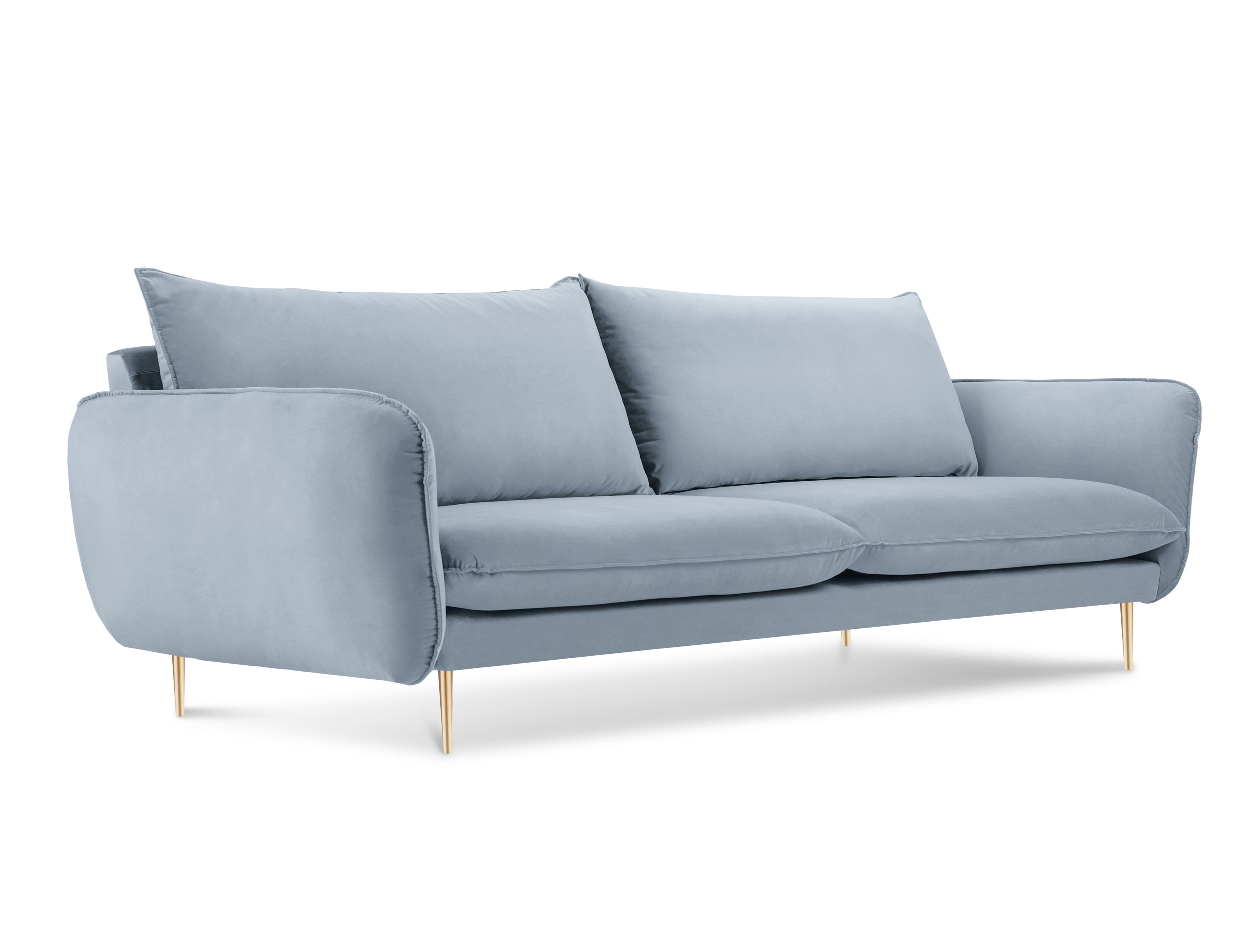 Sofa z jemného zamatového materiálu pre 4 osoby VIENNA svetlomodrá so zlatým podstavcom
