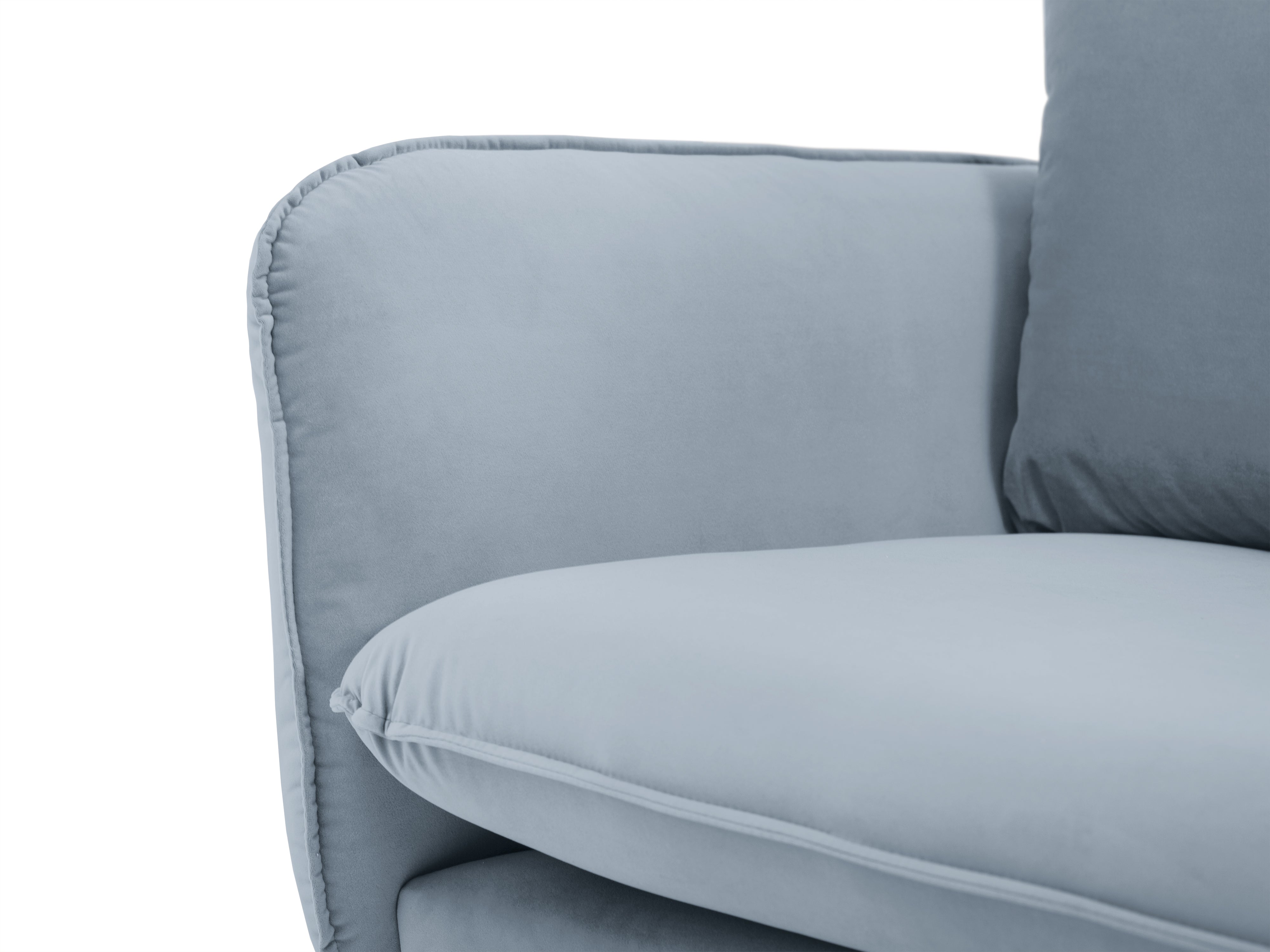 Sofa z jemného zamatového materiálu pre 4 osoby VIENNA svetlomodrá so zlatým podstavcom