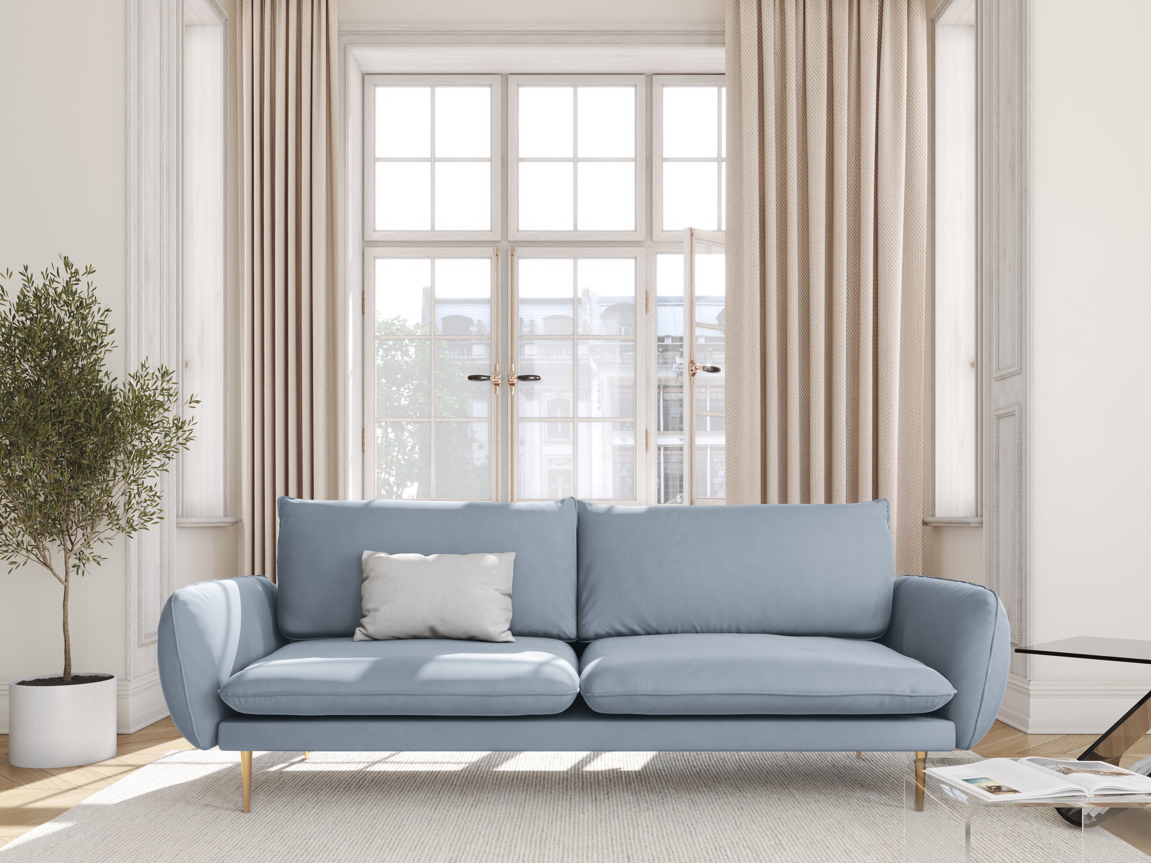 Sofa z jemného zamatového materiálu pre 4 osoby VIENNA svetlomodrá so zlatým podstavcom