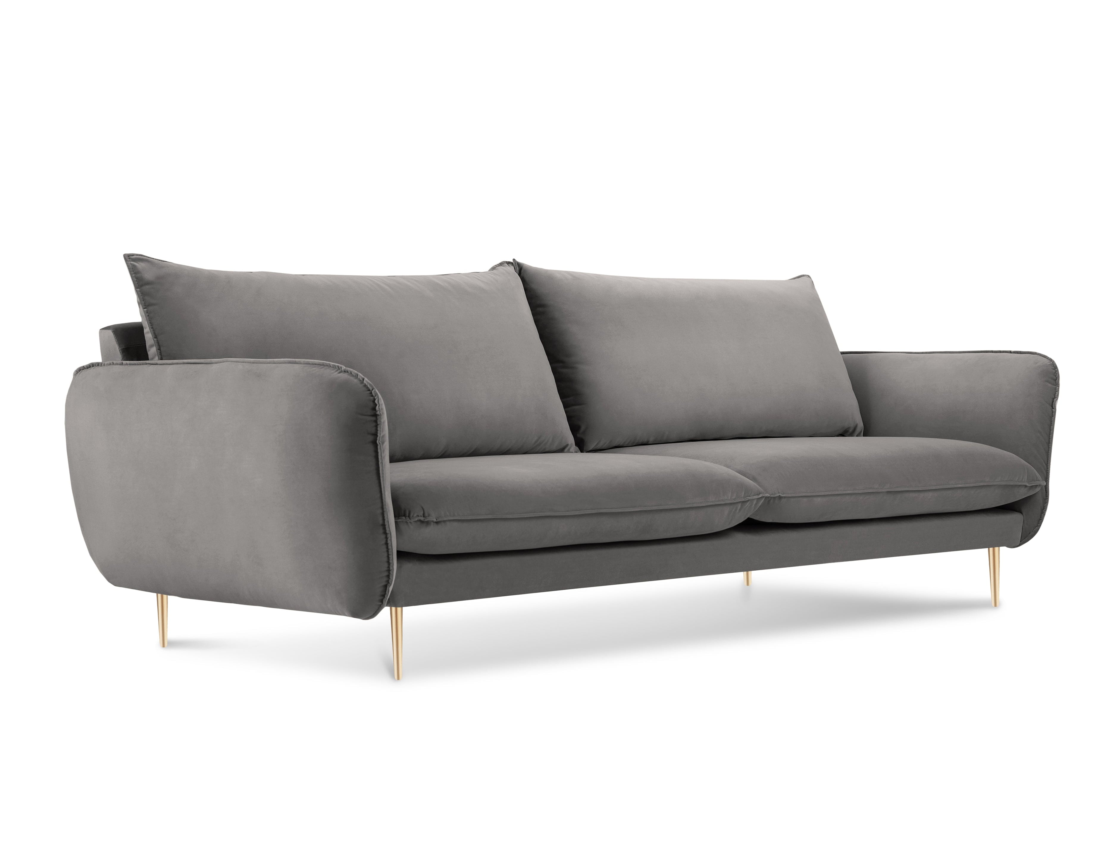 Sofa z jemného velúru pre 4 osoby VIENNA svetlosivá so zlatým podstavcom