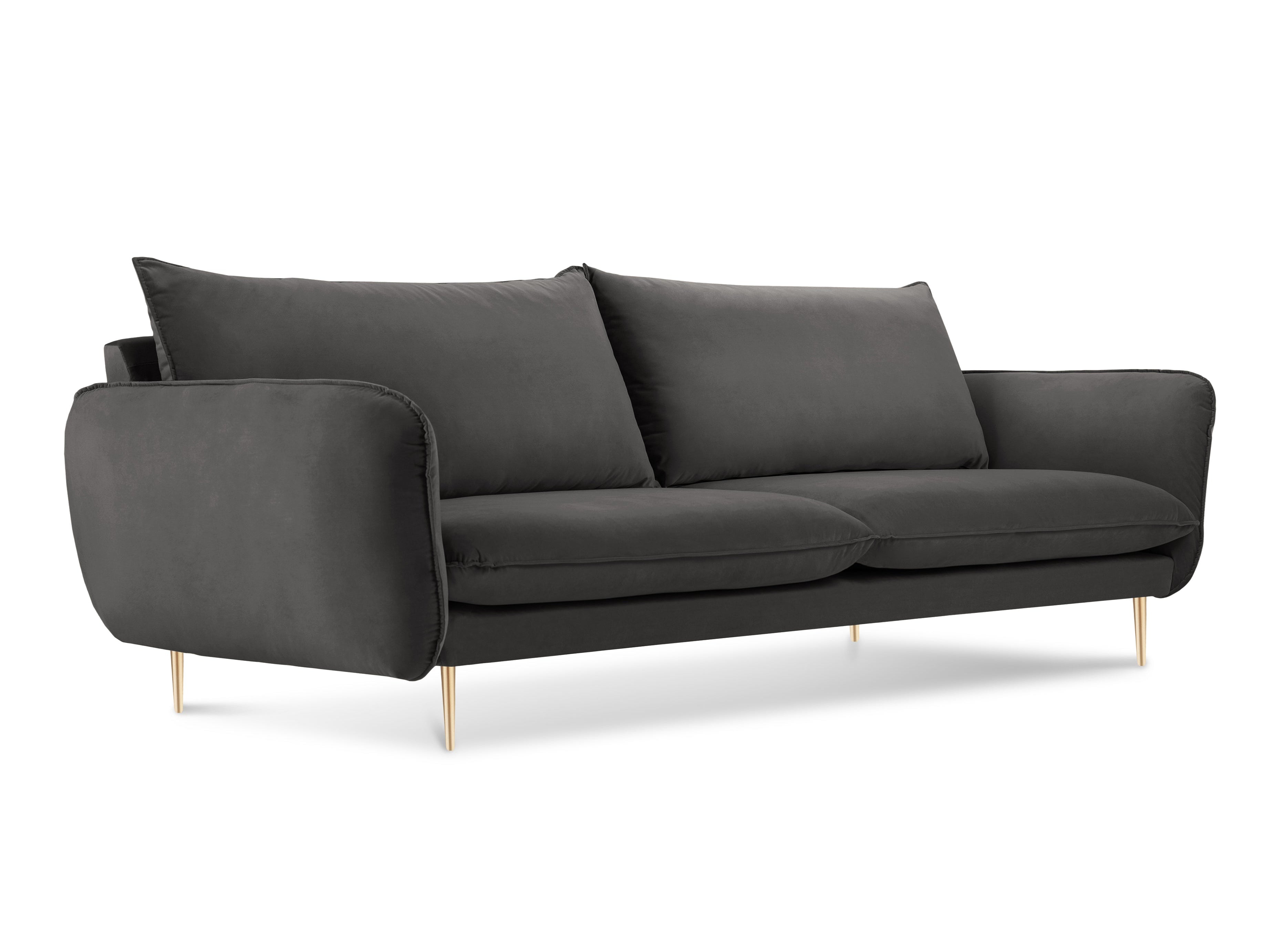 Sofa z jemného velúru pre 4 osoby VIENNA tmavosivá so zlatým podstavcom