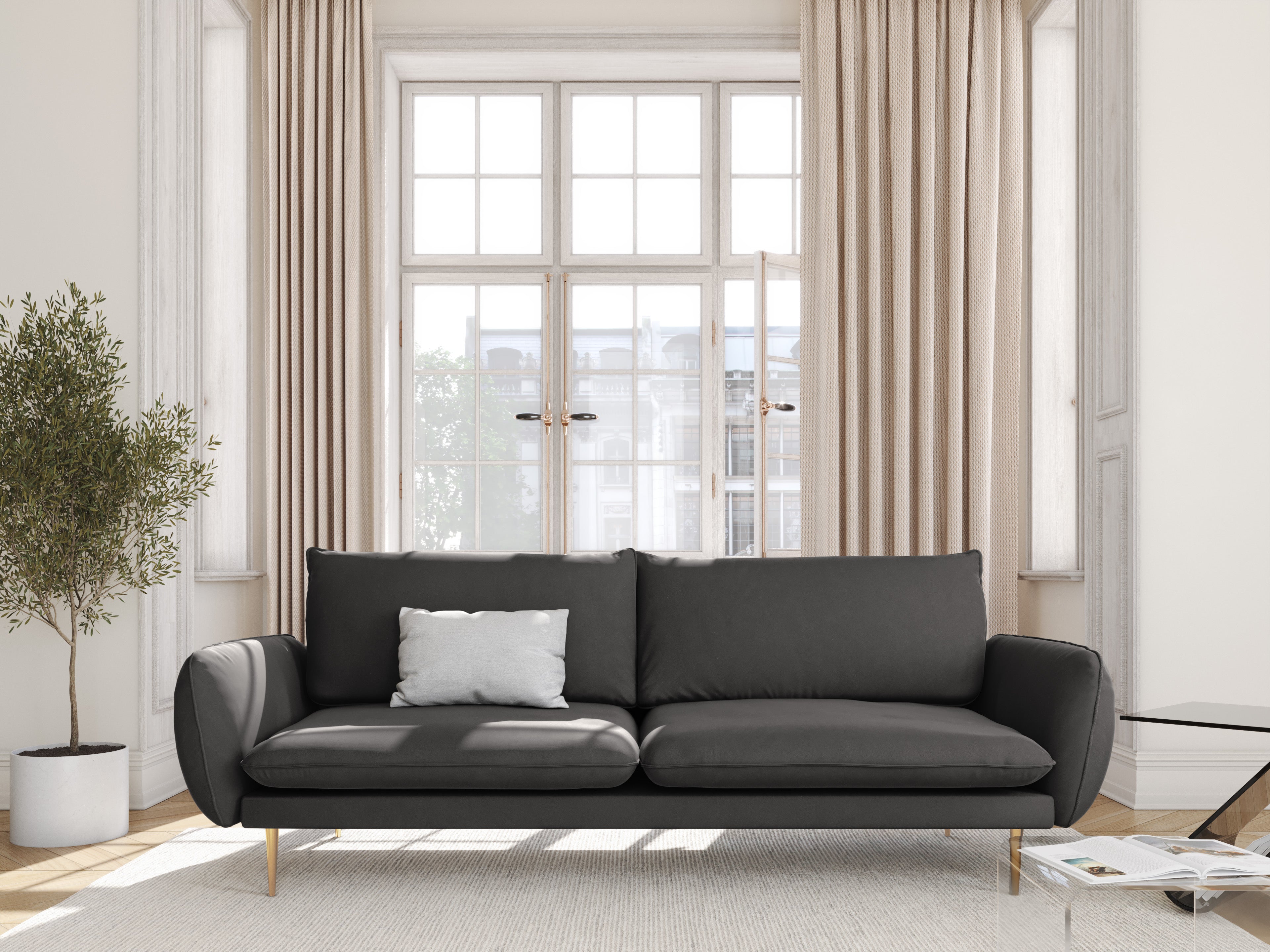 Sofa z jemného velúru pre 4 osoby VIENNA tmavosivá so zlatým podstavcom