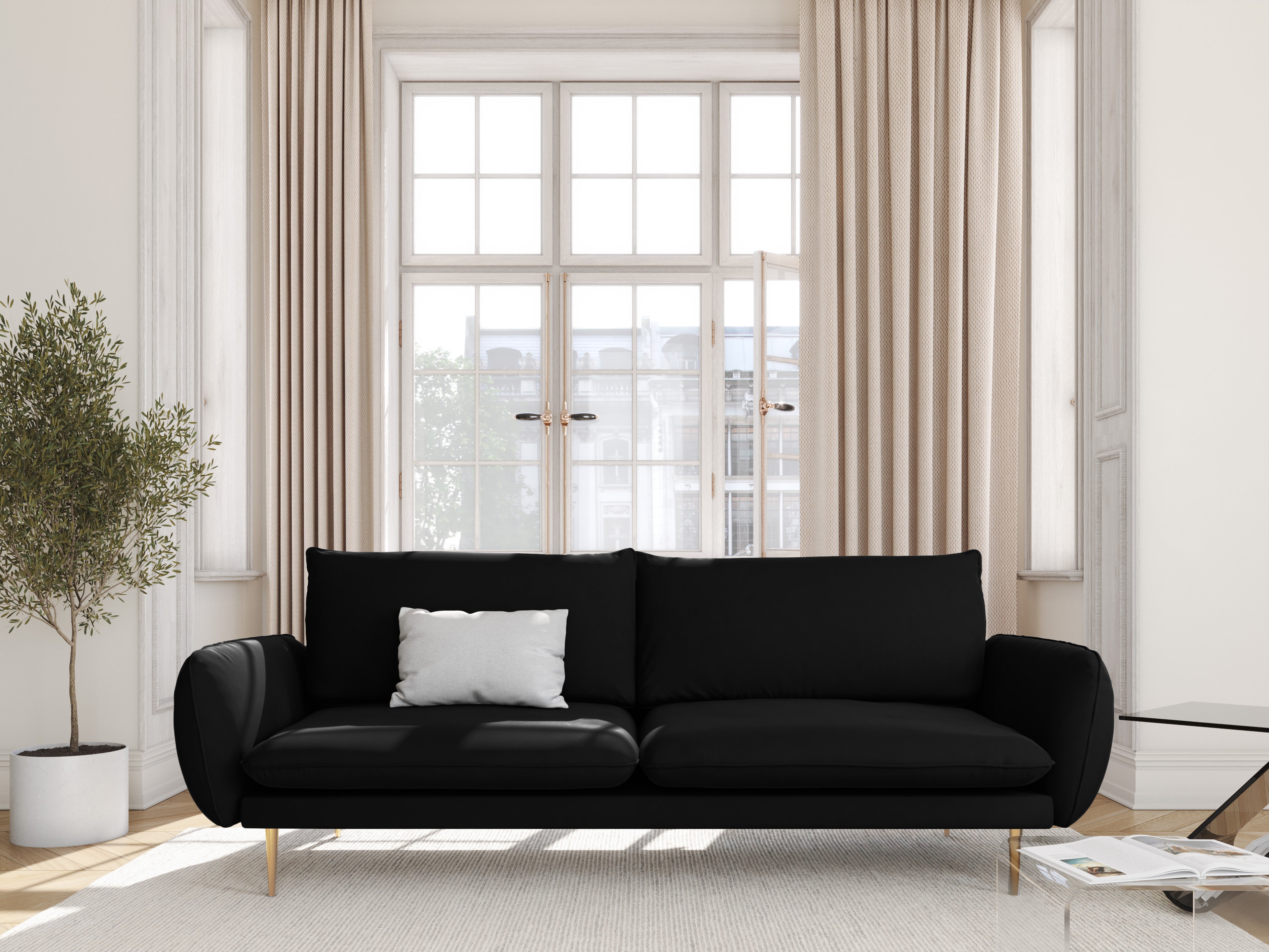 Sofa z jemného velúru pre 4 osoby VIENNA čierna so zlatým podstavcom