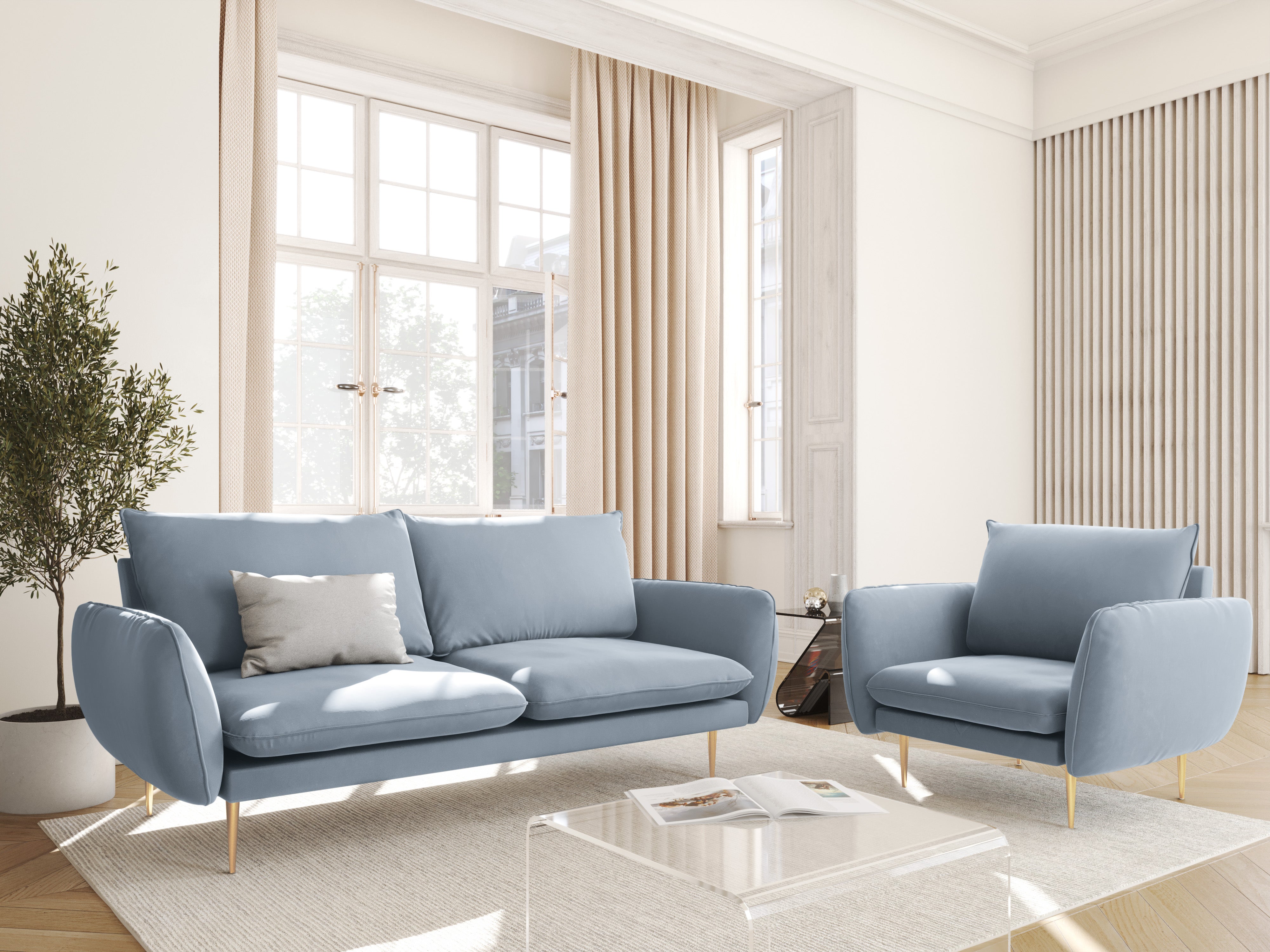 Velvet armchair VIENNA light blue with a gold base