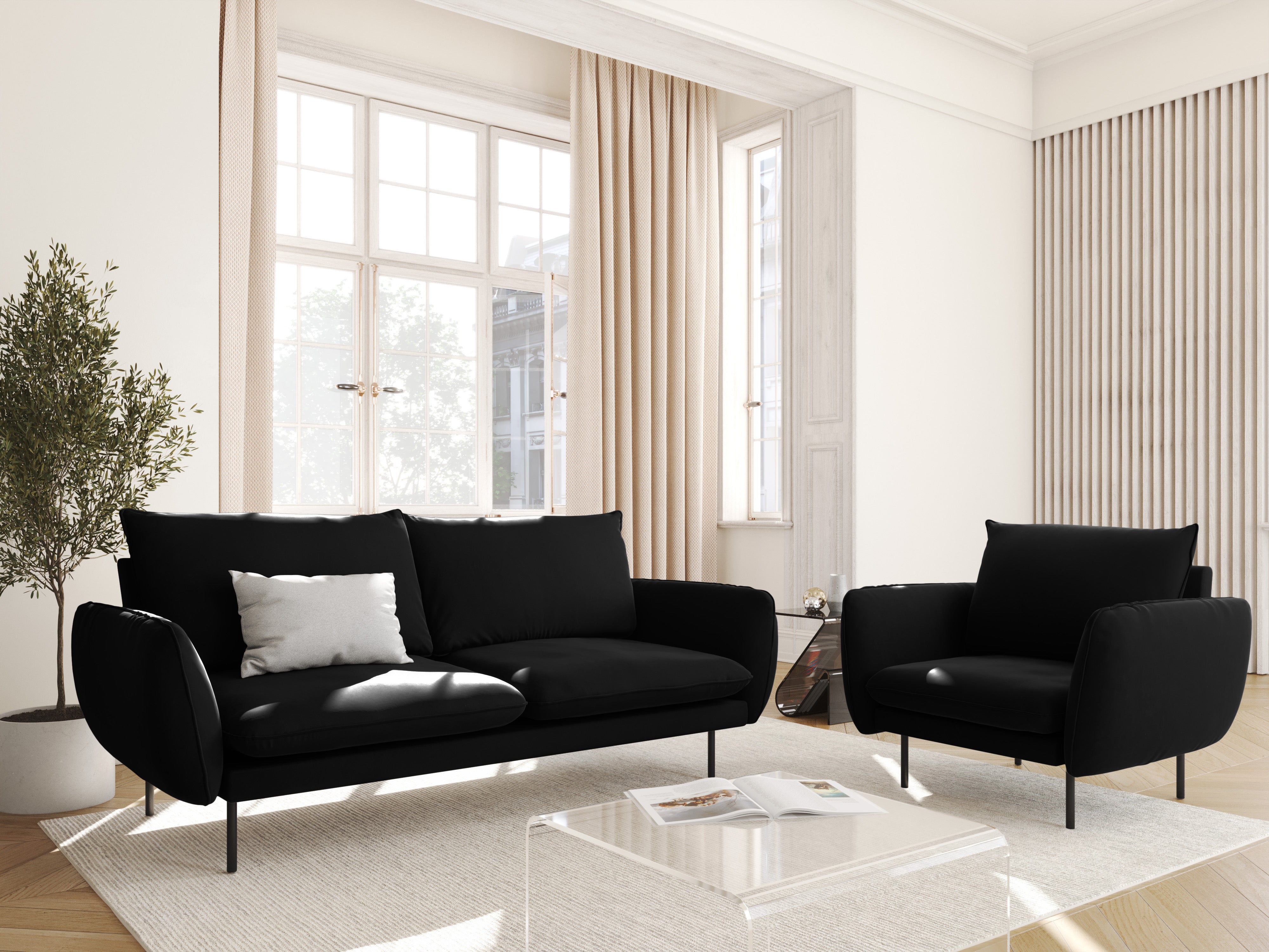Velvet armchair VIENNA black with black base