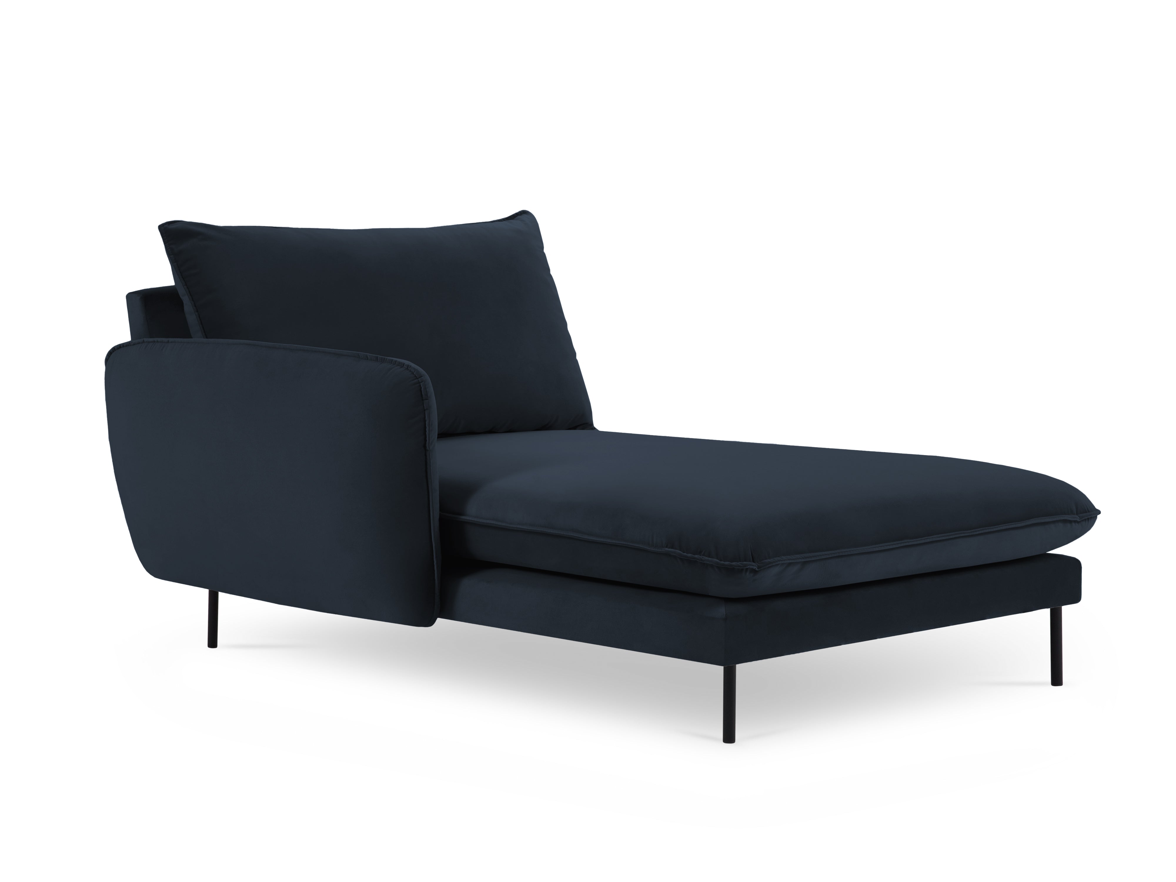 Left-facing velvet chaise longue VIENNA in dark blue with a black base