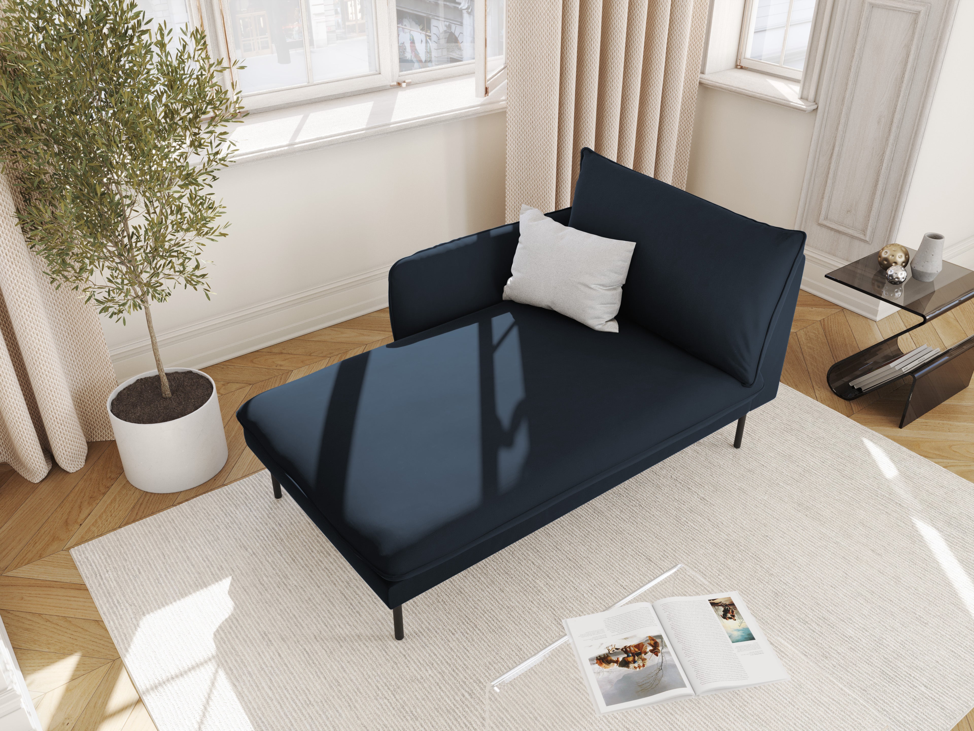 Left-facing velvet chaise longue VIENNA in dark blue with a black base