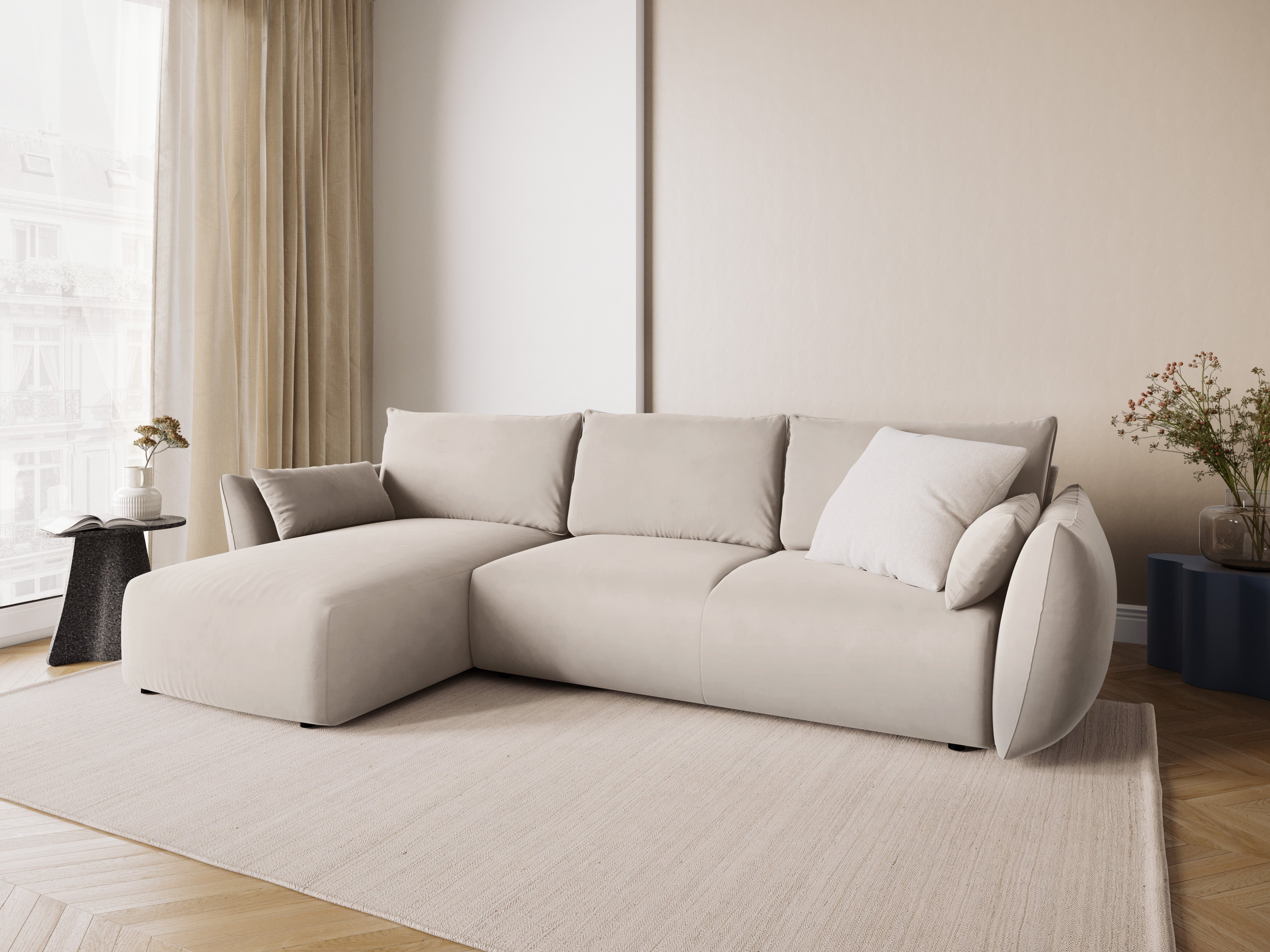 Left-facing velvet corner sofa with sleeping function MATERA beige