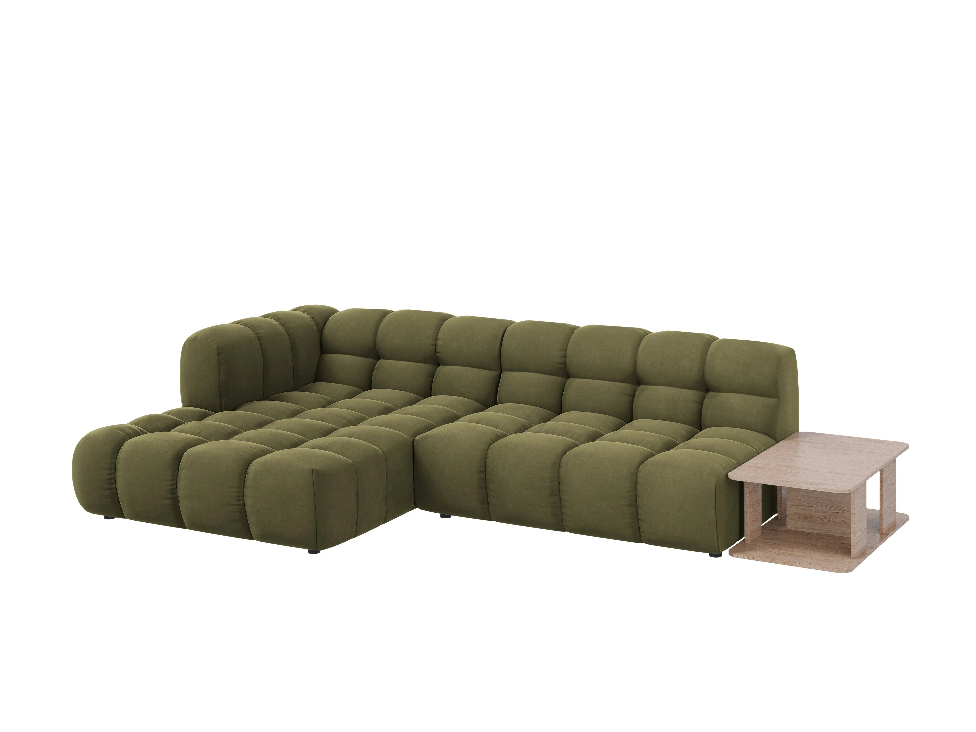 Narożnik aksamitny lewostronny 4-osobowy otwarty ze stolikiem SKY jasnozielony – Cosmopolitan Design