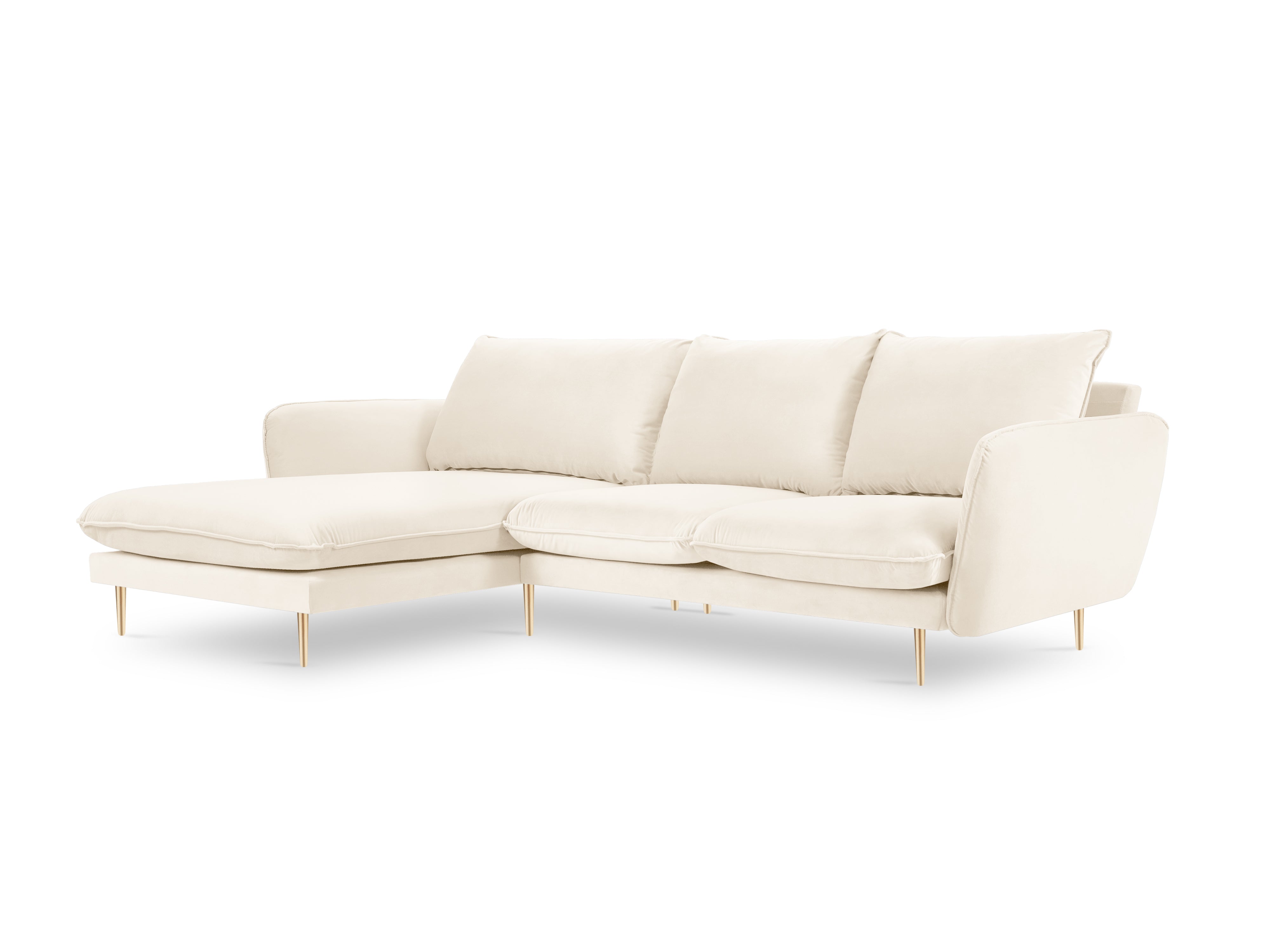Left-facing velvet corner sofa for 5 people VIENNA in beige with a gold base