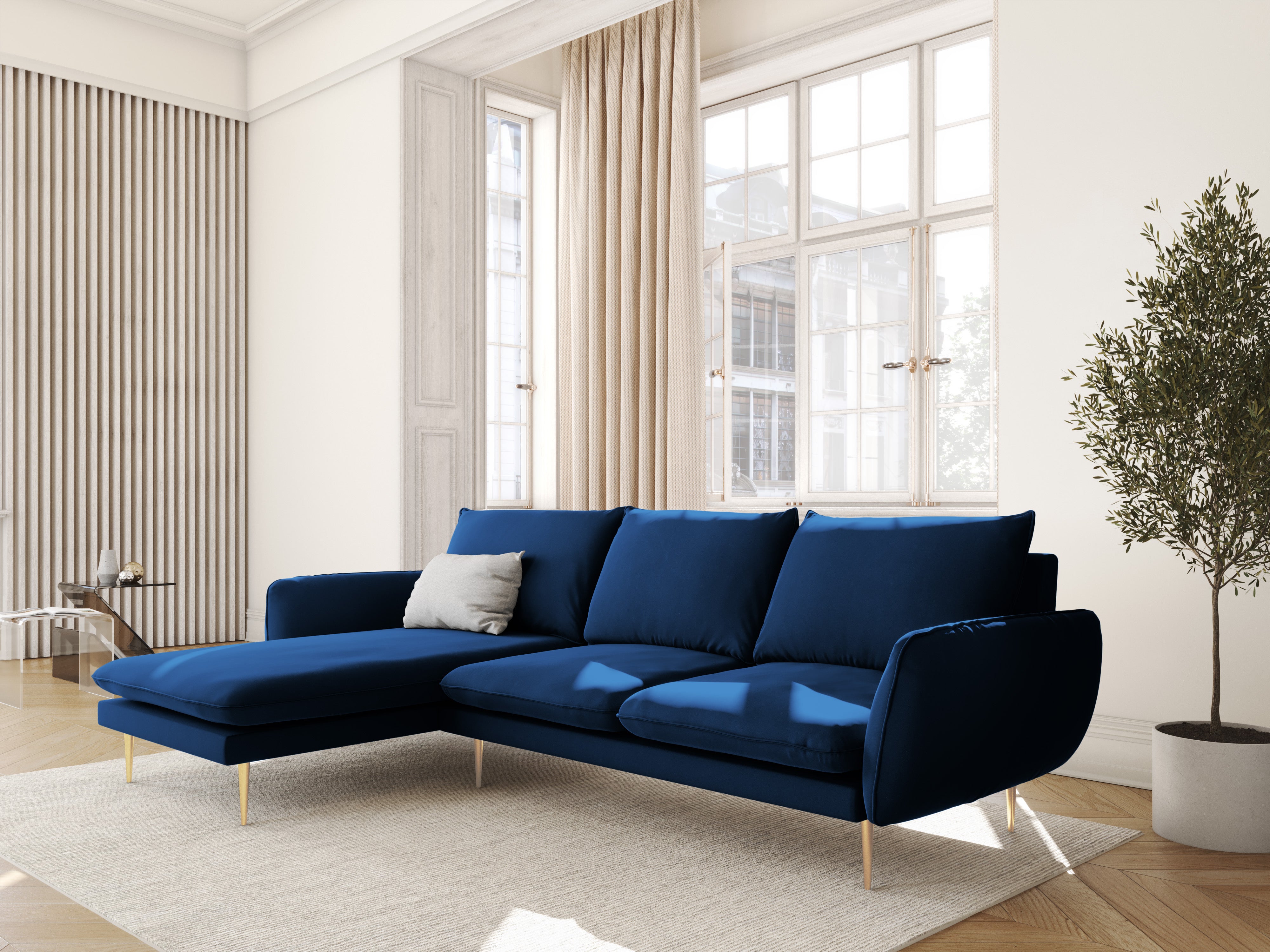 Left-facing velvet corner sofa for 5 people VIENNA in royal blue with a gold base