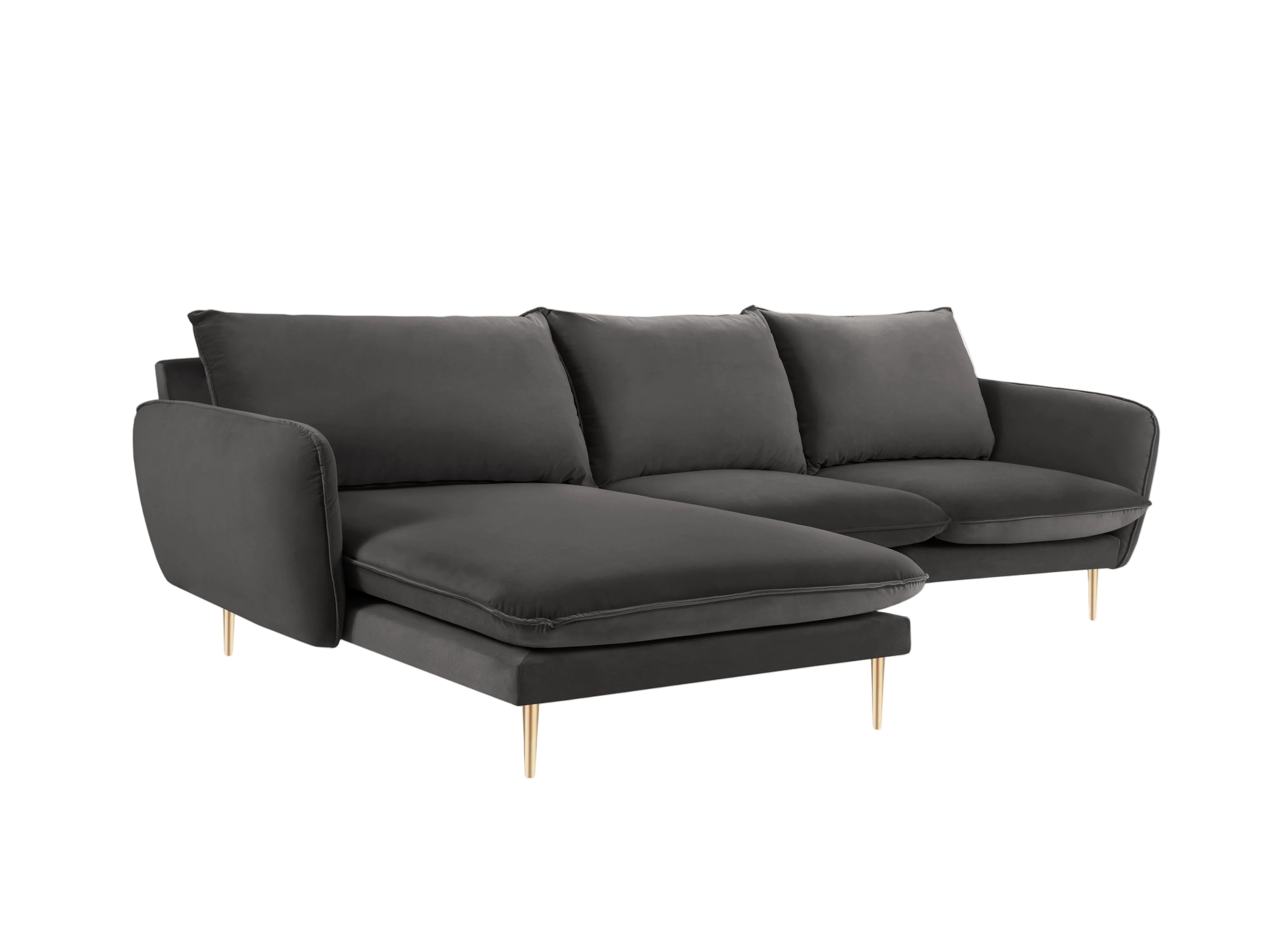 Left-facing velvet corner sofa for 5 people VIENNA in dark gray with a gold base