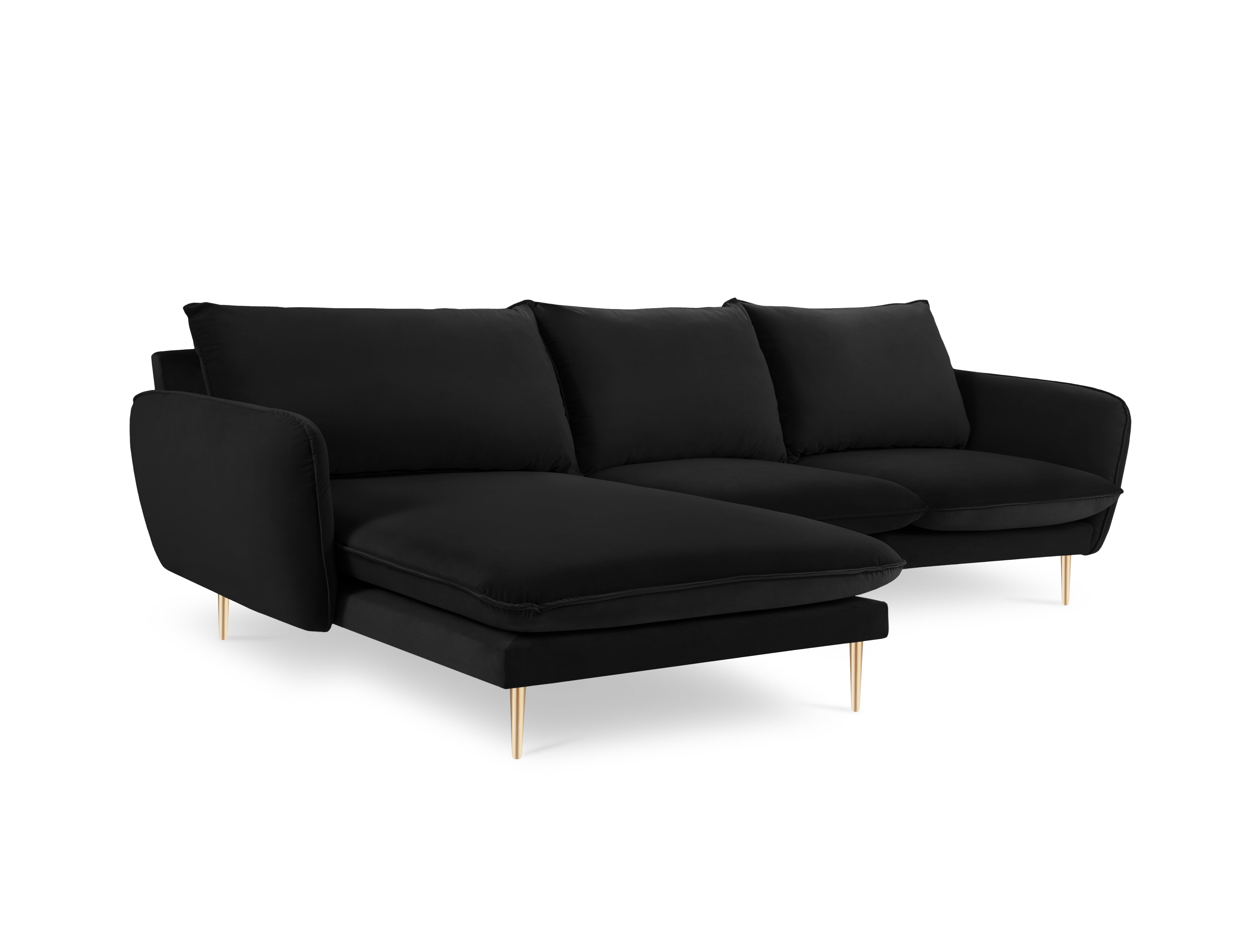 Left-facing velvet corner sofa for 5 people VIENNA in black with a gold base