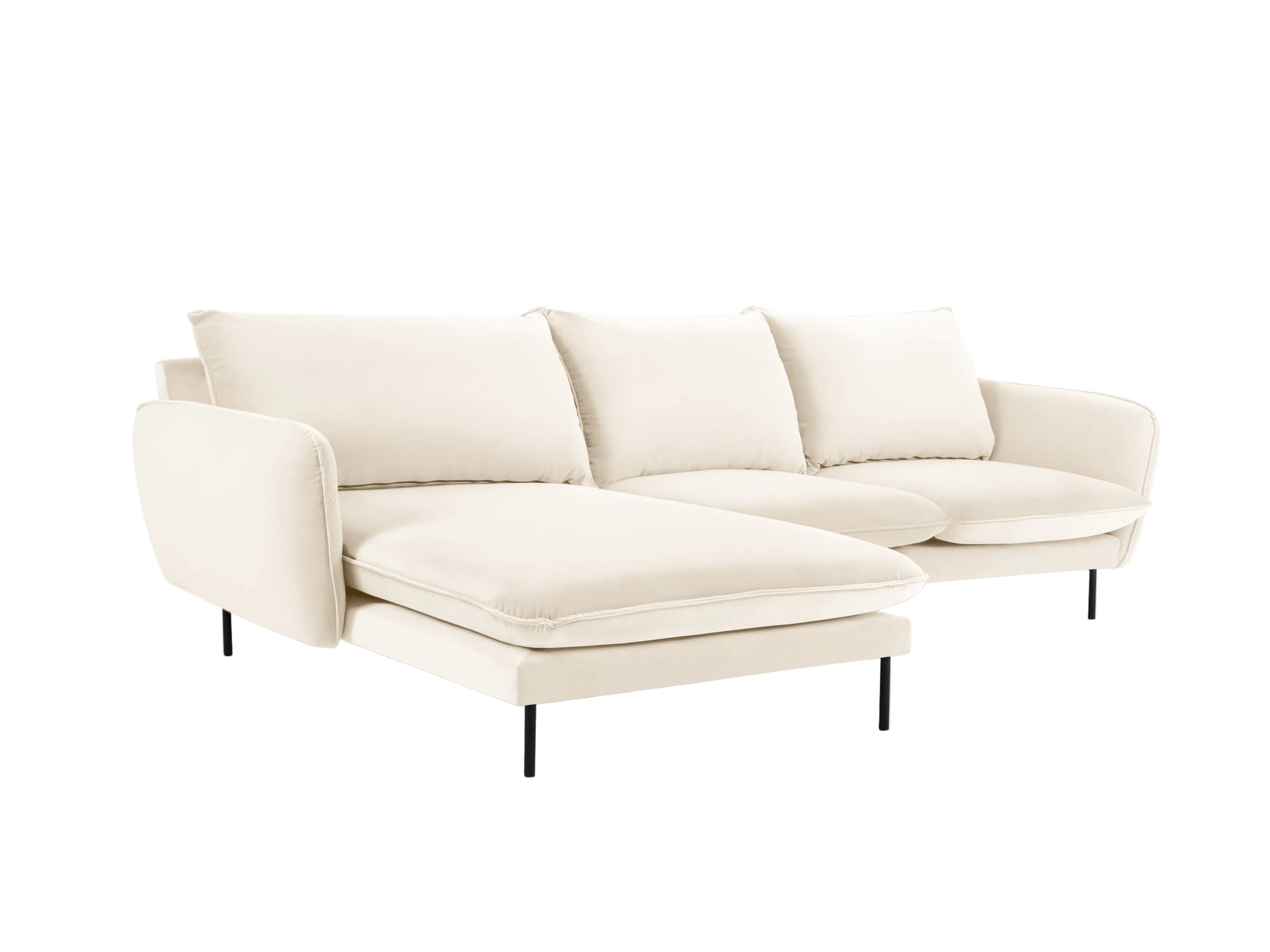 Left-facing velvet corner sofa for 5 people VIENNA in beige with a black base