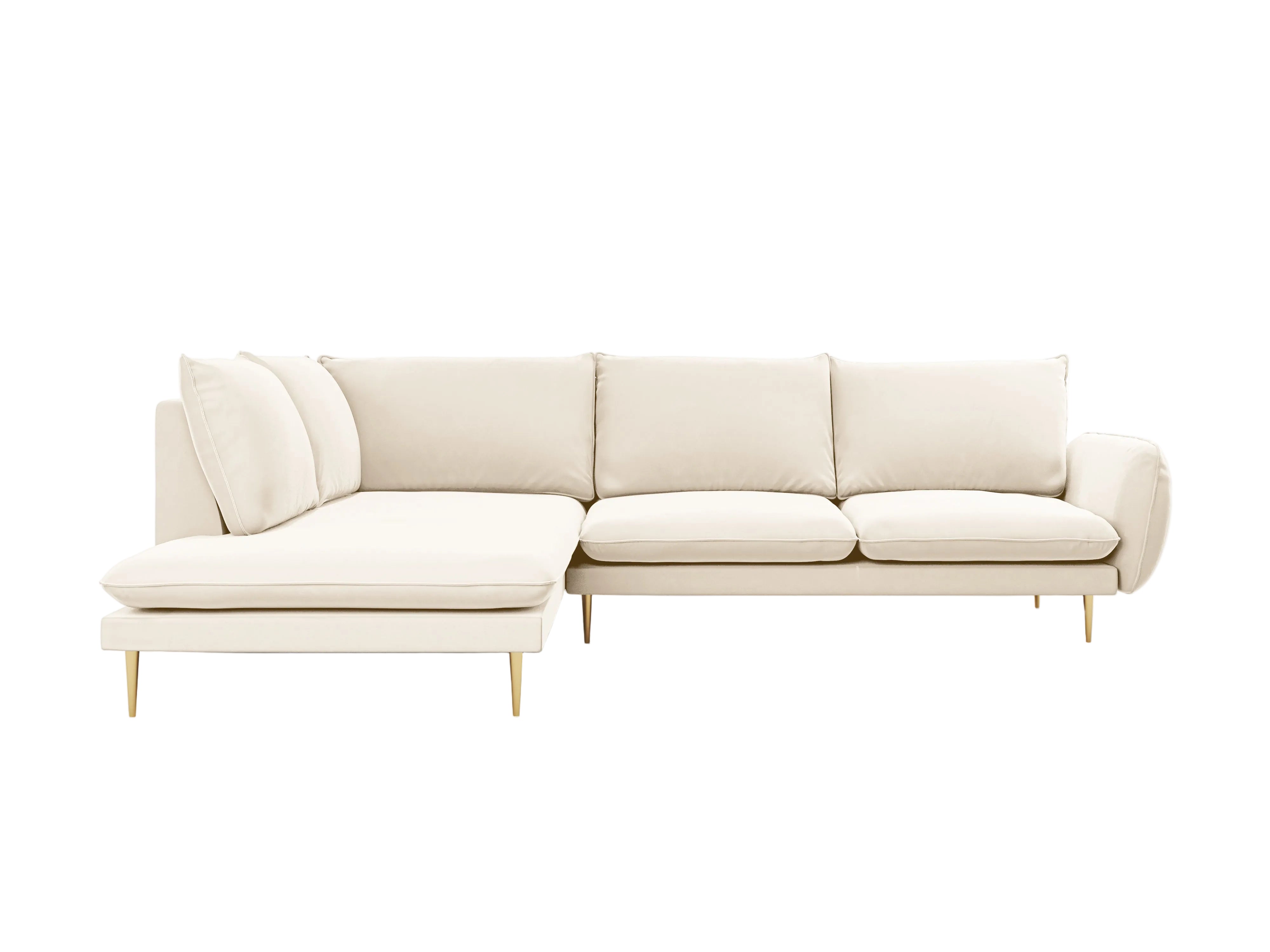 Left-facing velvet corner sofa for 5 people VIENNA in beige with a gold base