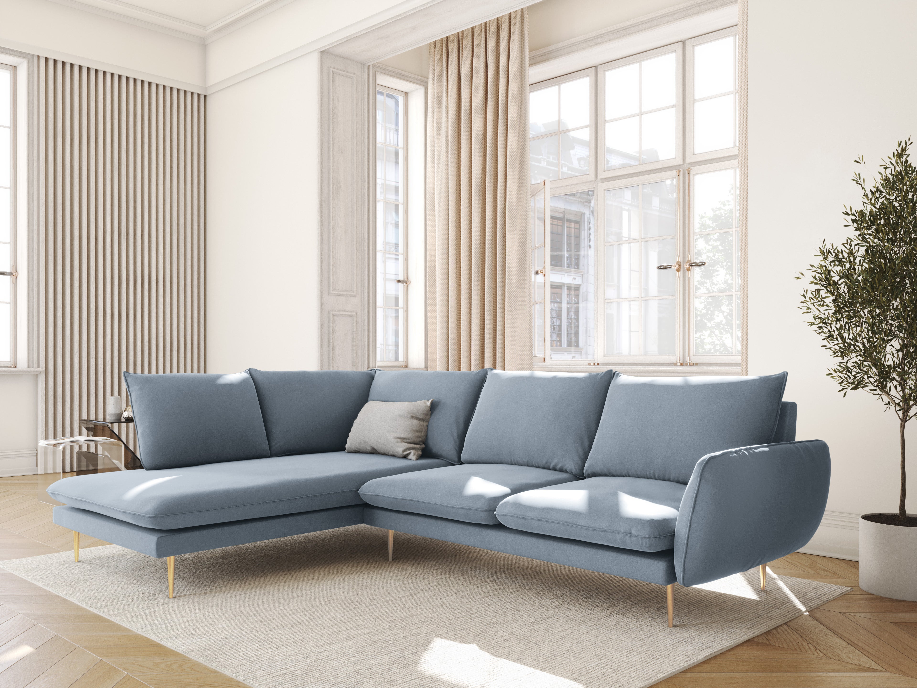Velvet corner sofa for 6 people, left-facing VIENNA in light blue with a gold base