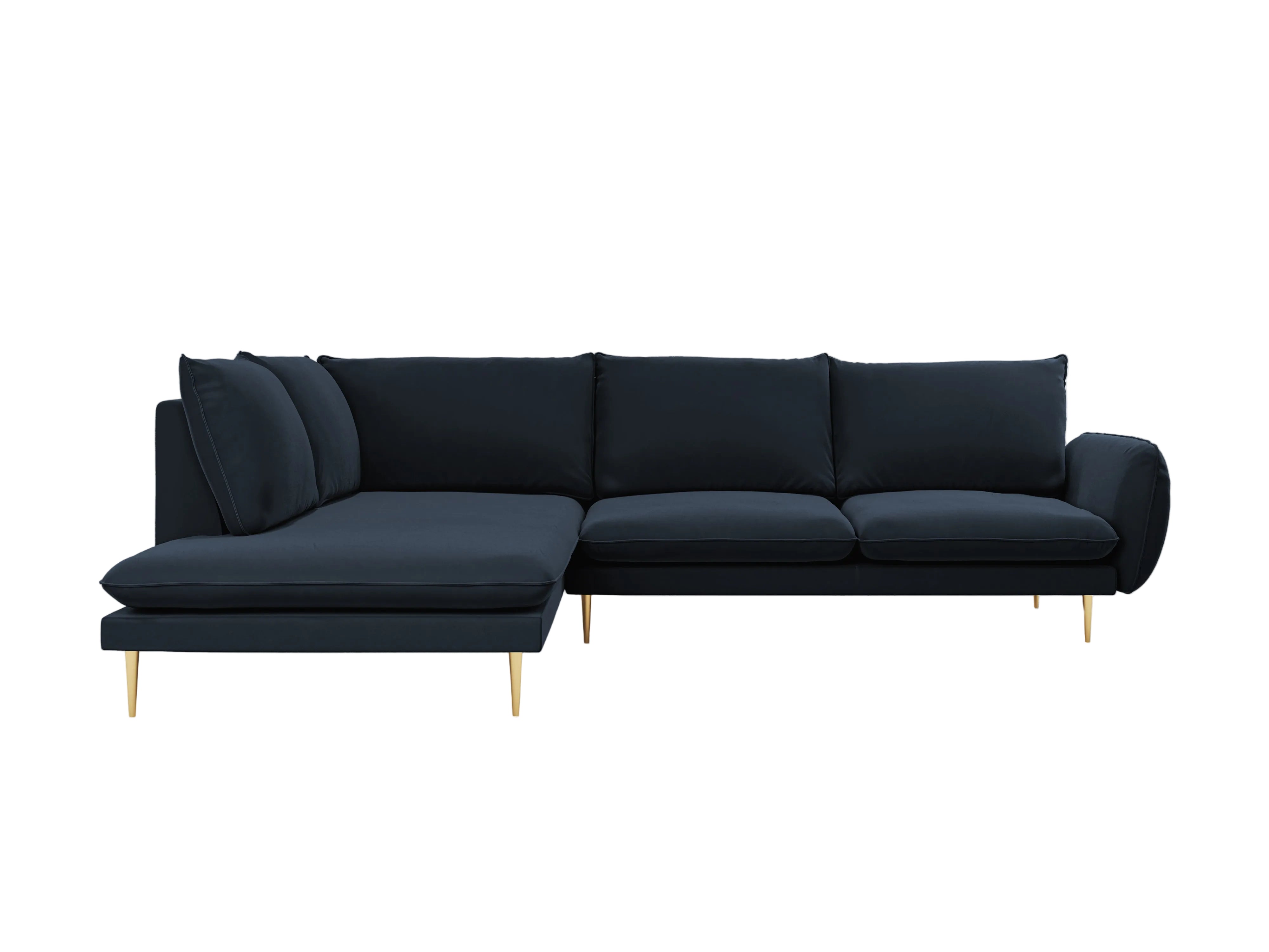 Left-facing velvet corner sofa for 5 people VIENNA in dark blue with a gold base