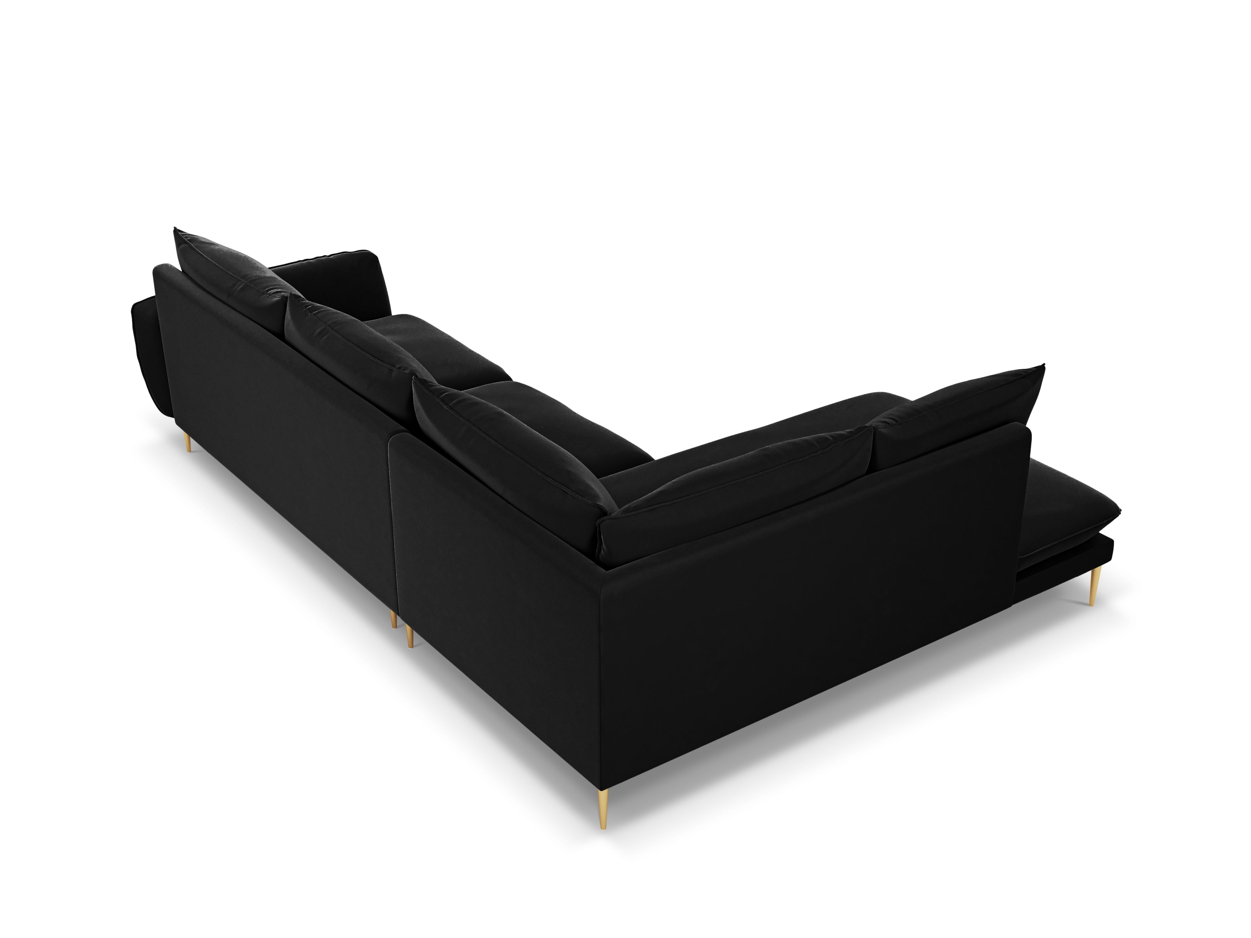 Left-facing velvet corner sofa for 5 people VIENNA in black with a gold base