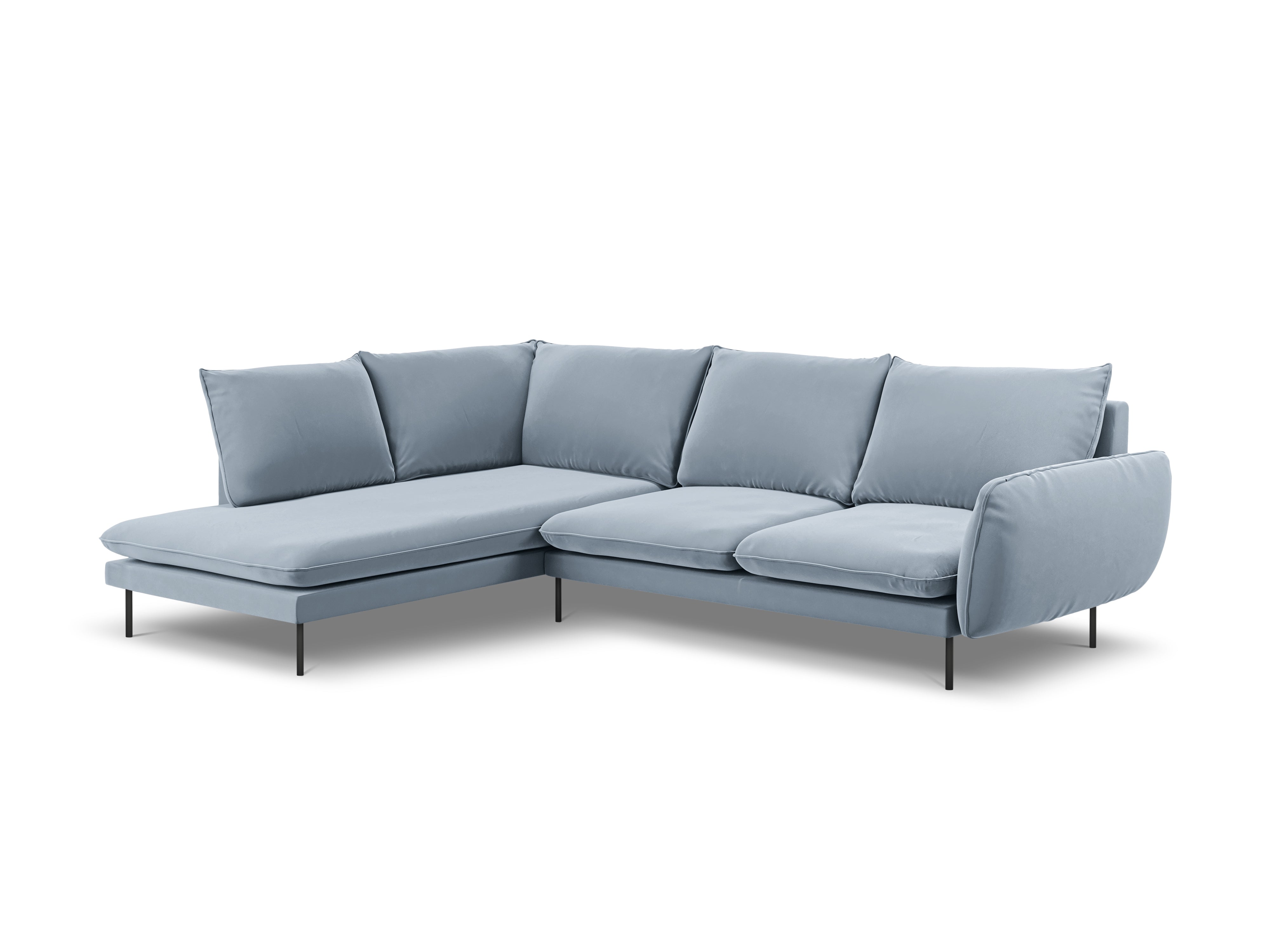 Left-facing velvet corner sofa for 5 people VIENNA light blue with black base