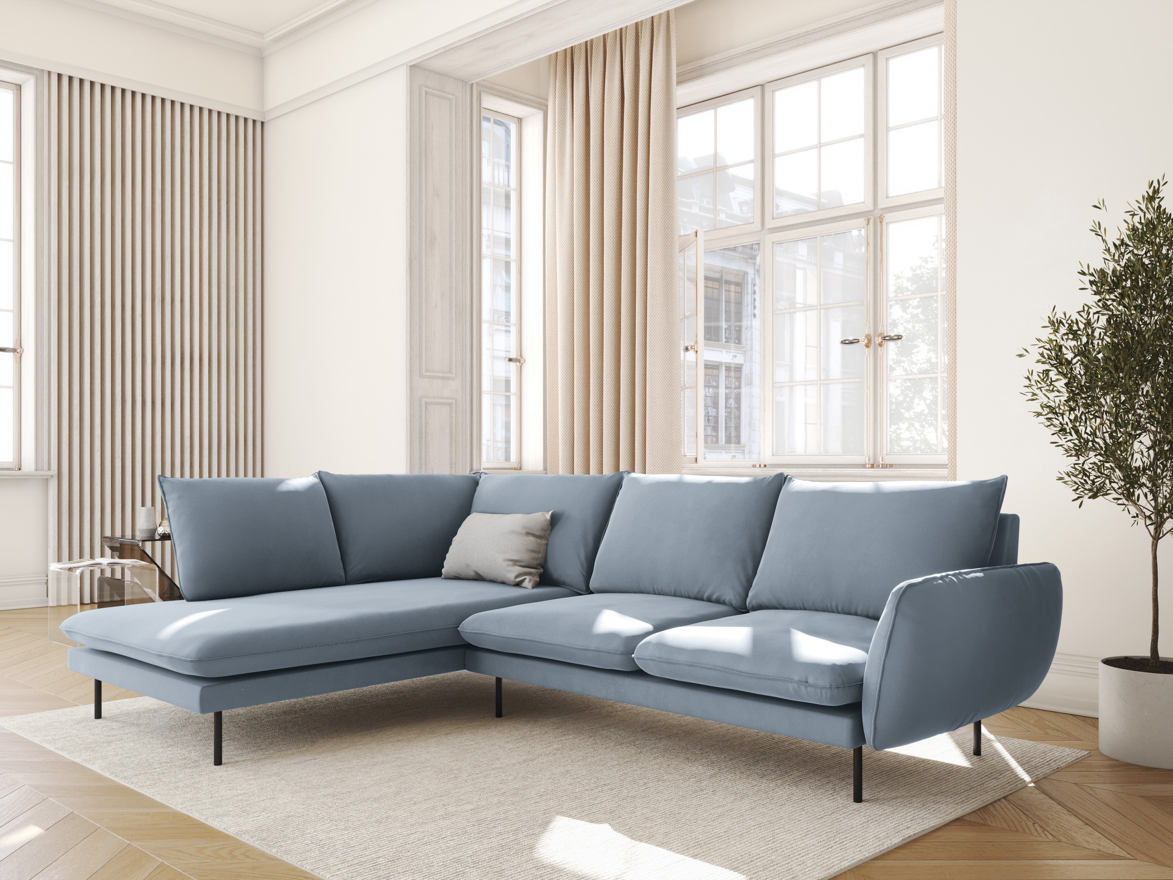 Left-facing velvet corner sofa for 5 people VIENNA light blue with black base