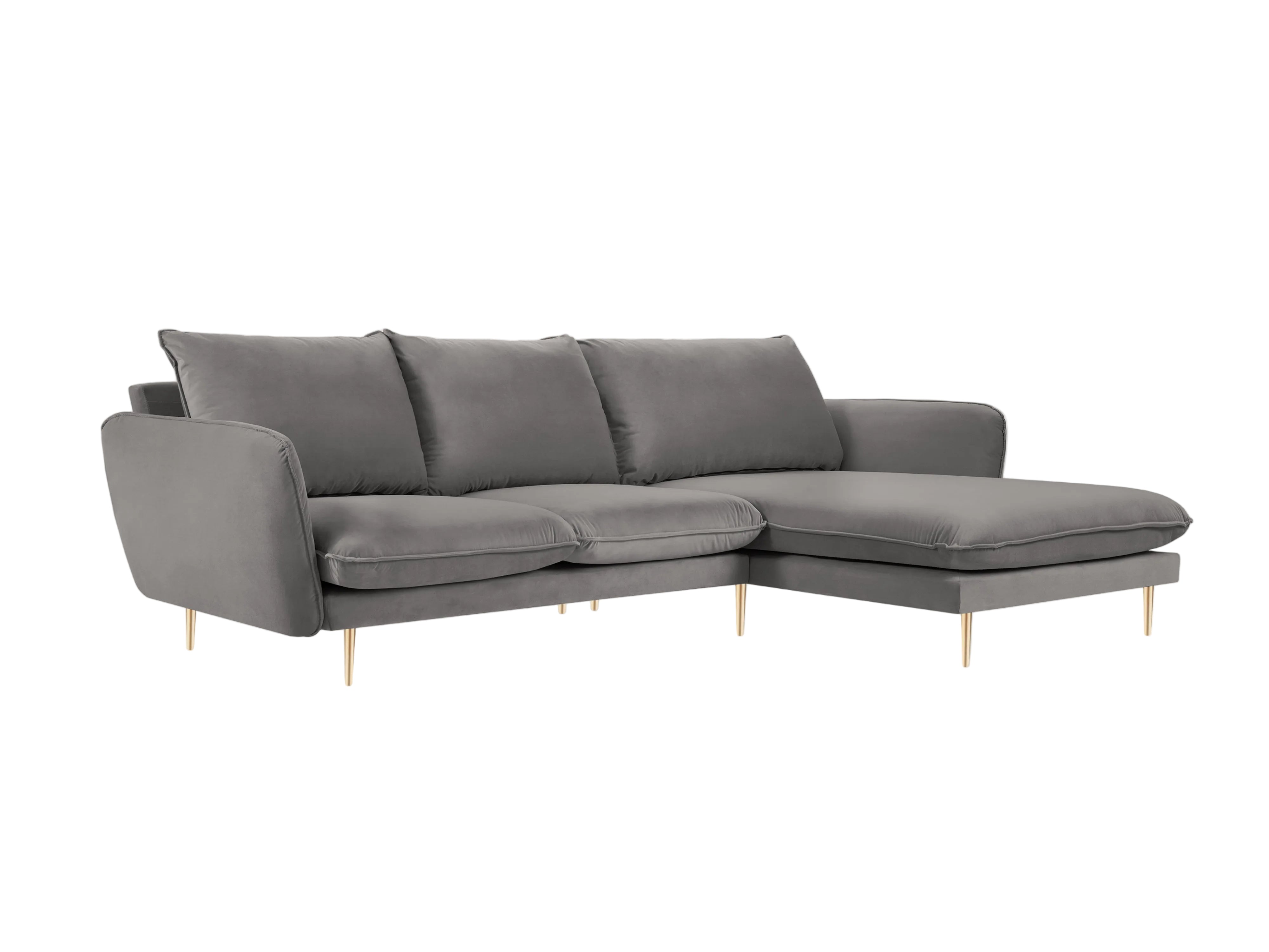 Velvet corner sofa, right-facing, 5-seater VIENNA in light gray with a gold base