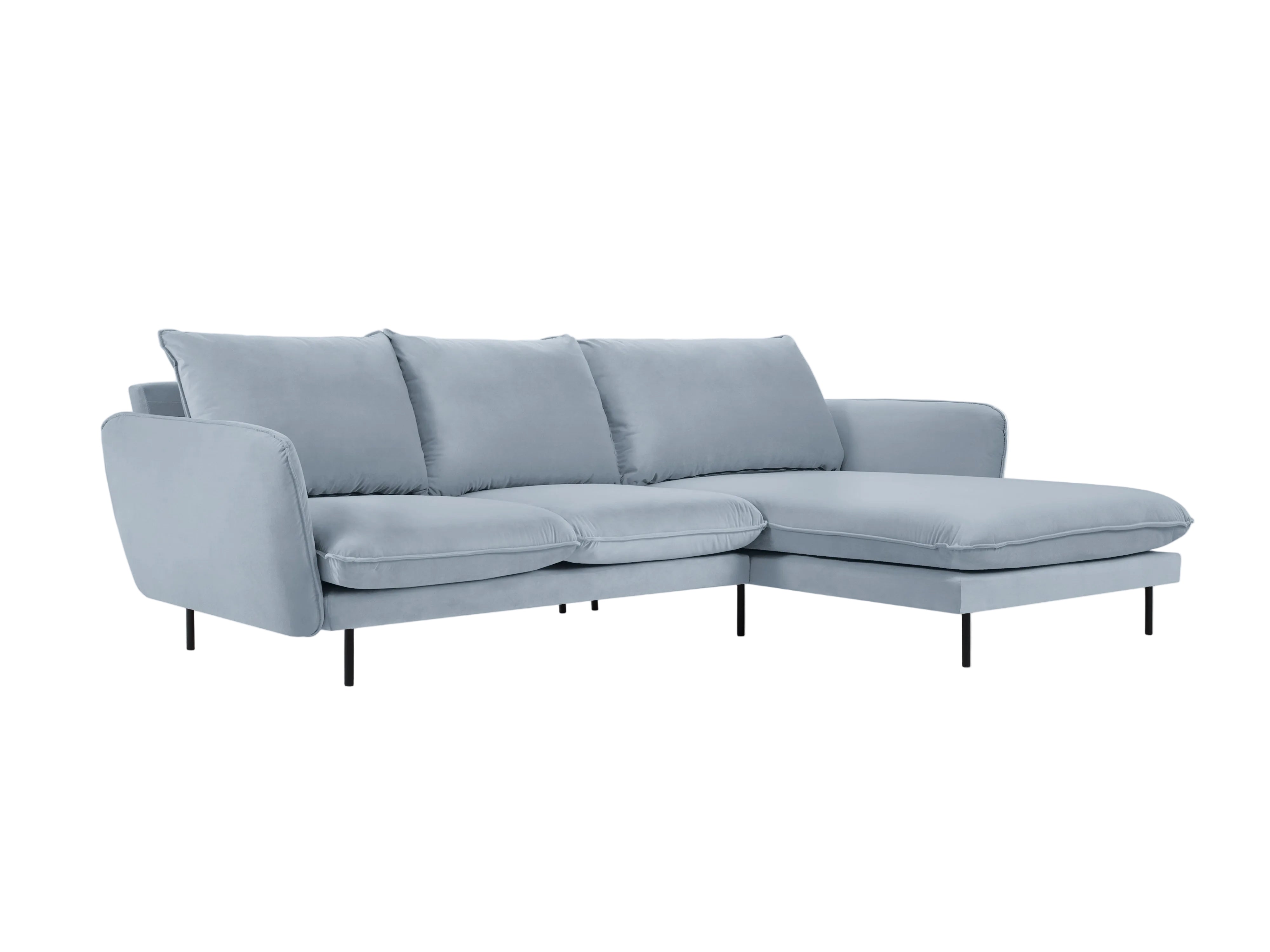 Velvet corner sofa right-facing for 5 people VIENNA light blue with black base