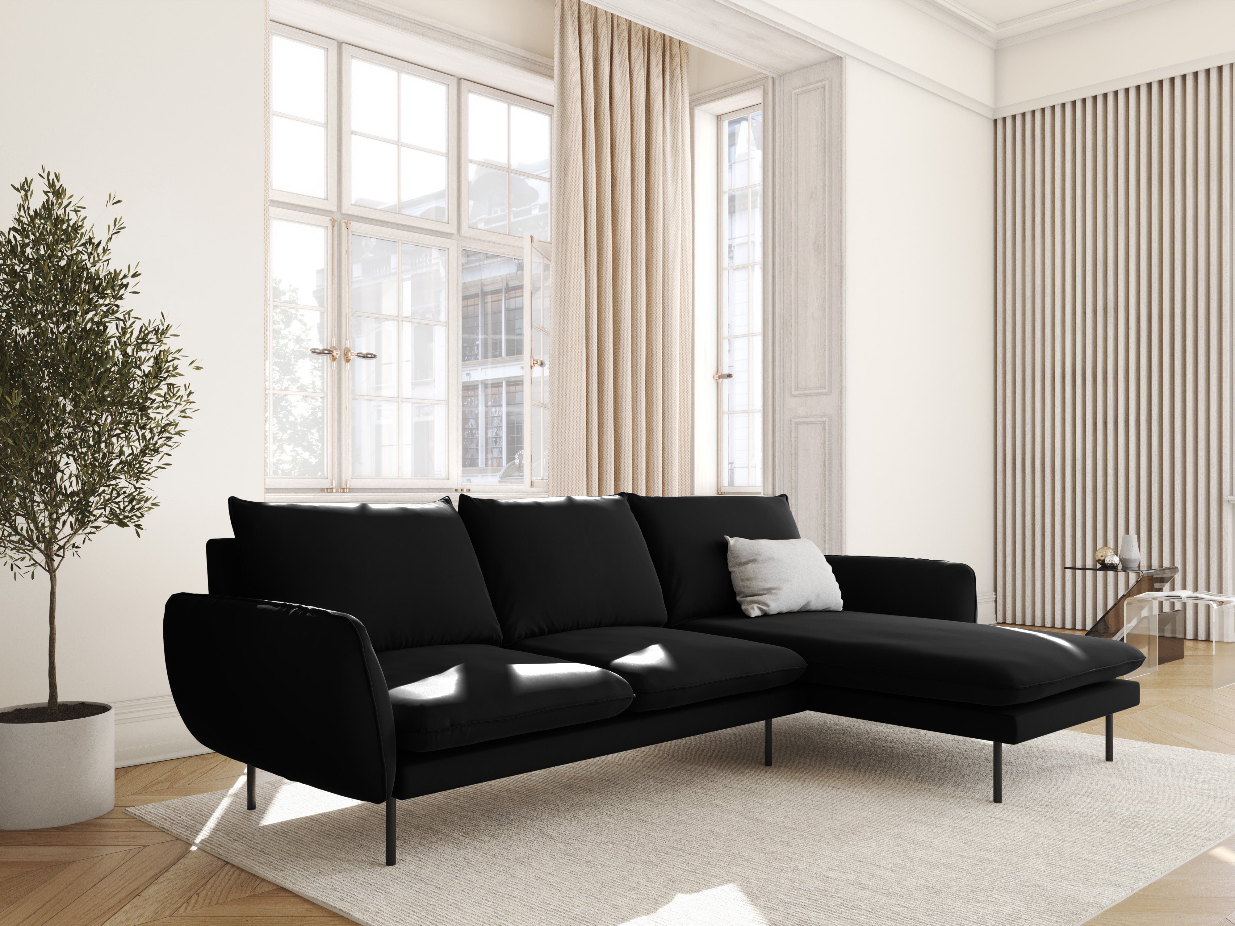 Velvet corner sofa right-facing for 5 people VIENNA black with black base